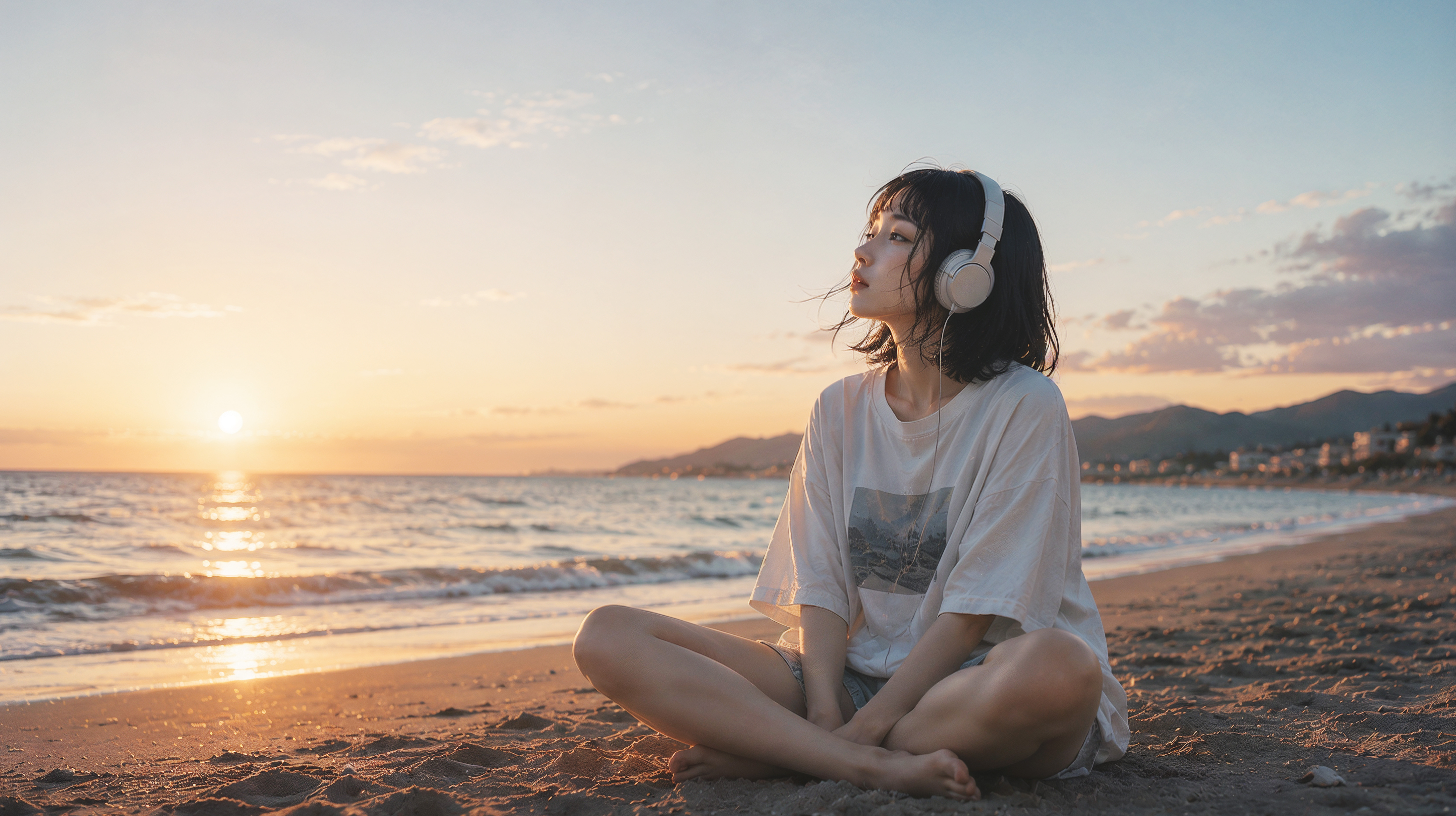 夕日の見える砂浜でオレンジの海を眺めるヘッドホンの女性フォト no.1