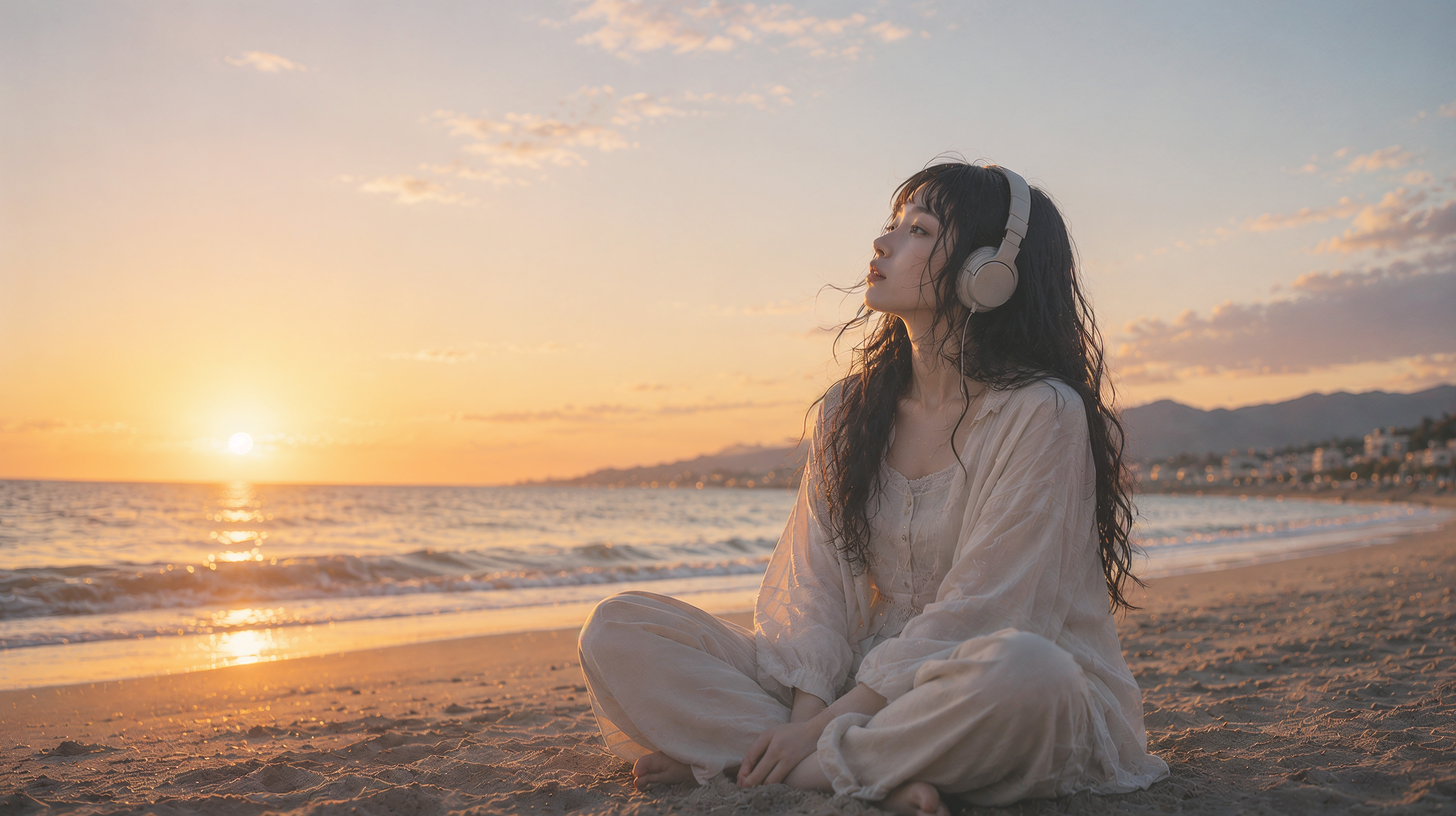 夕日の見える砂浜でオレンジの海を眺めるヘッドホンの女性フォト no.2