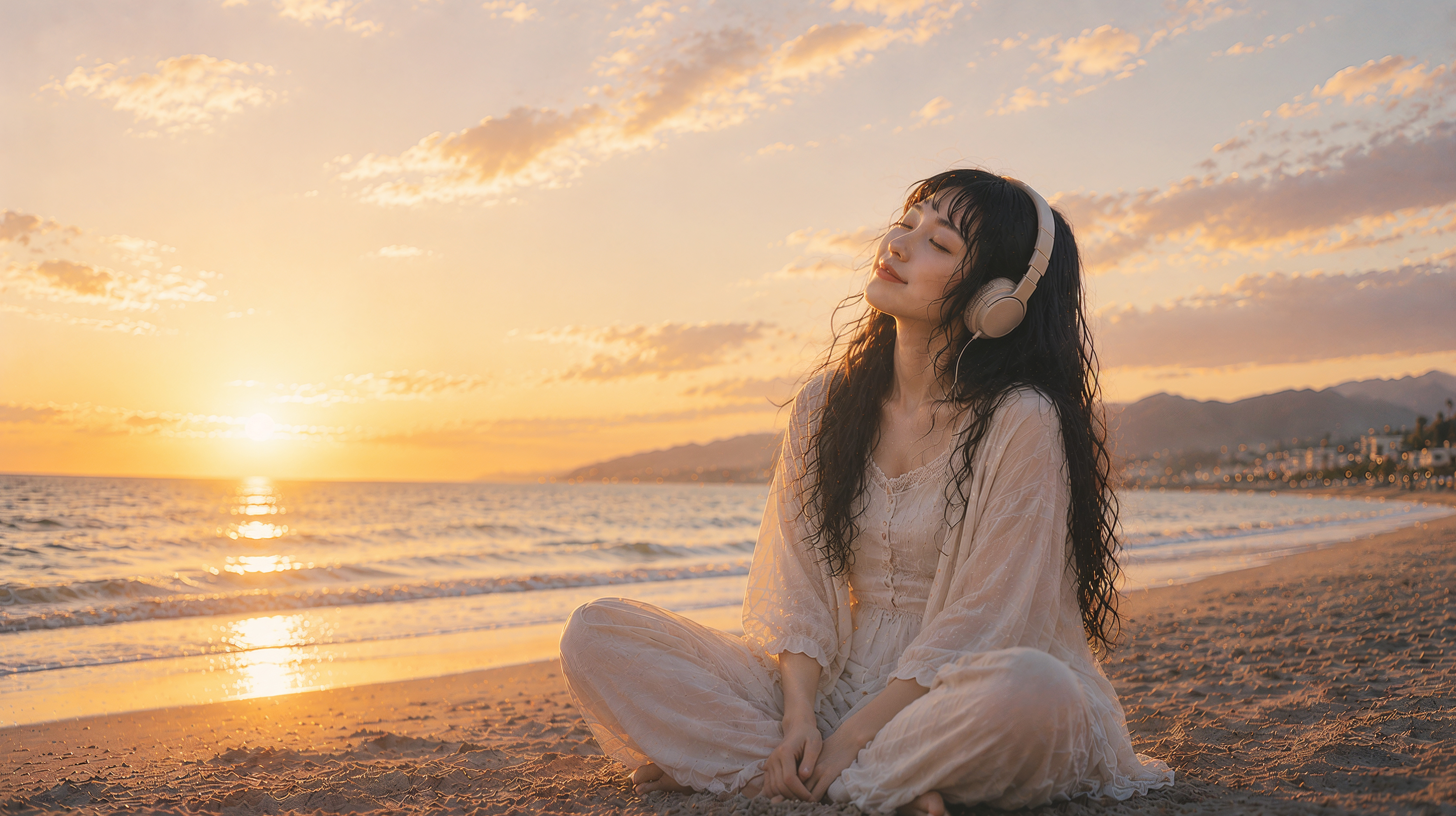 夕日の見える砂浜でオレンジの海を眺めるヘッドホンの女性フォト no.4