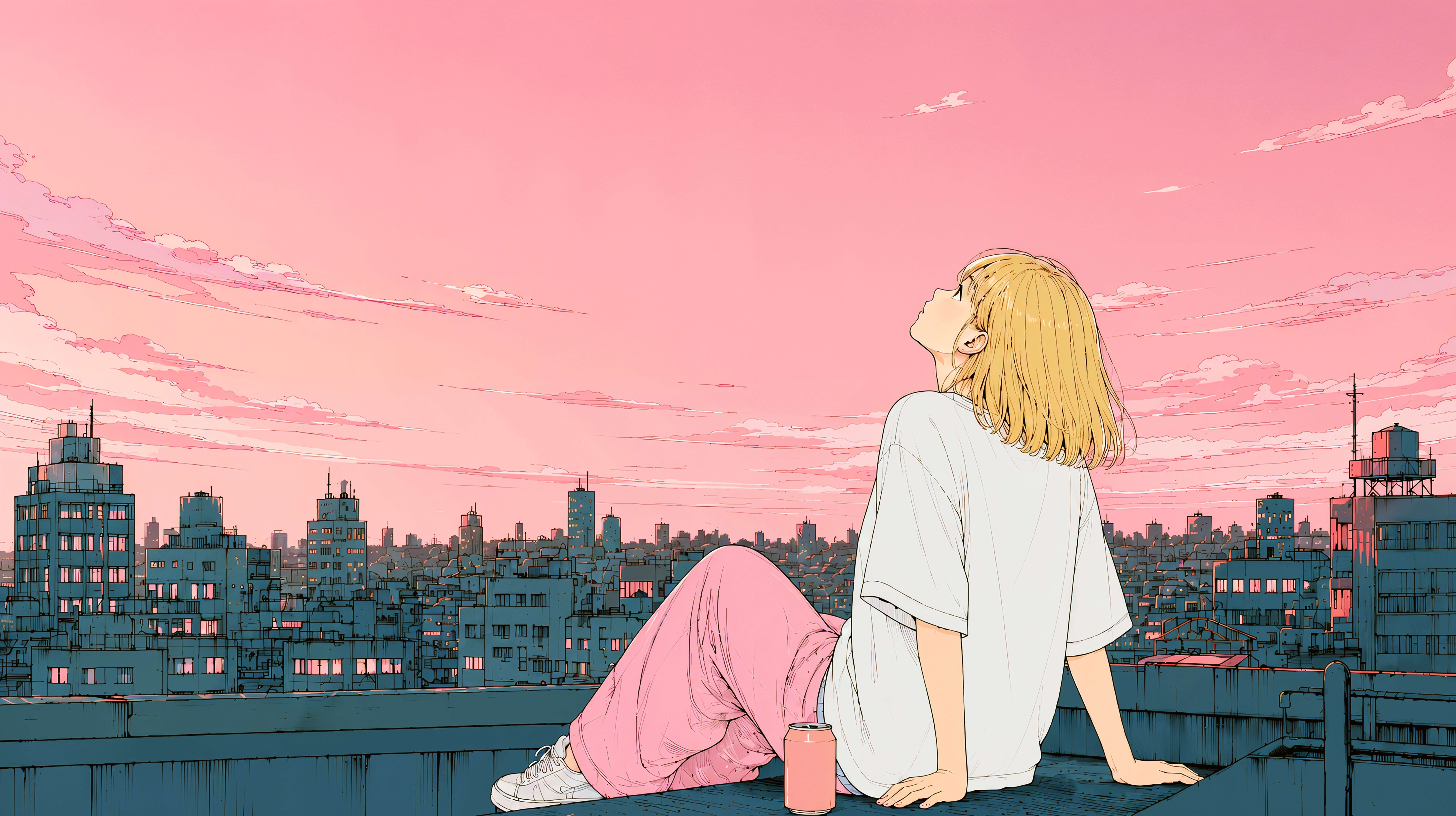 都会の見える屋上に座り夕焼けの空を見上げる女性 no.1