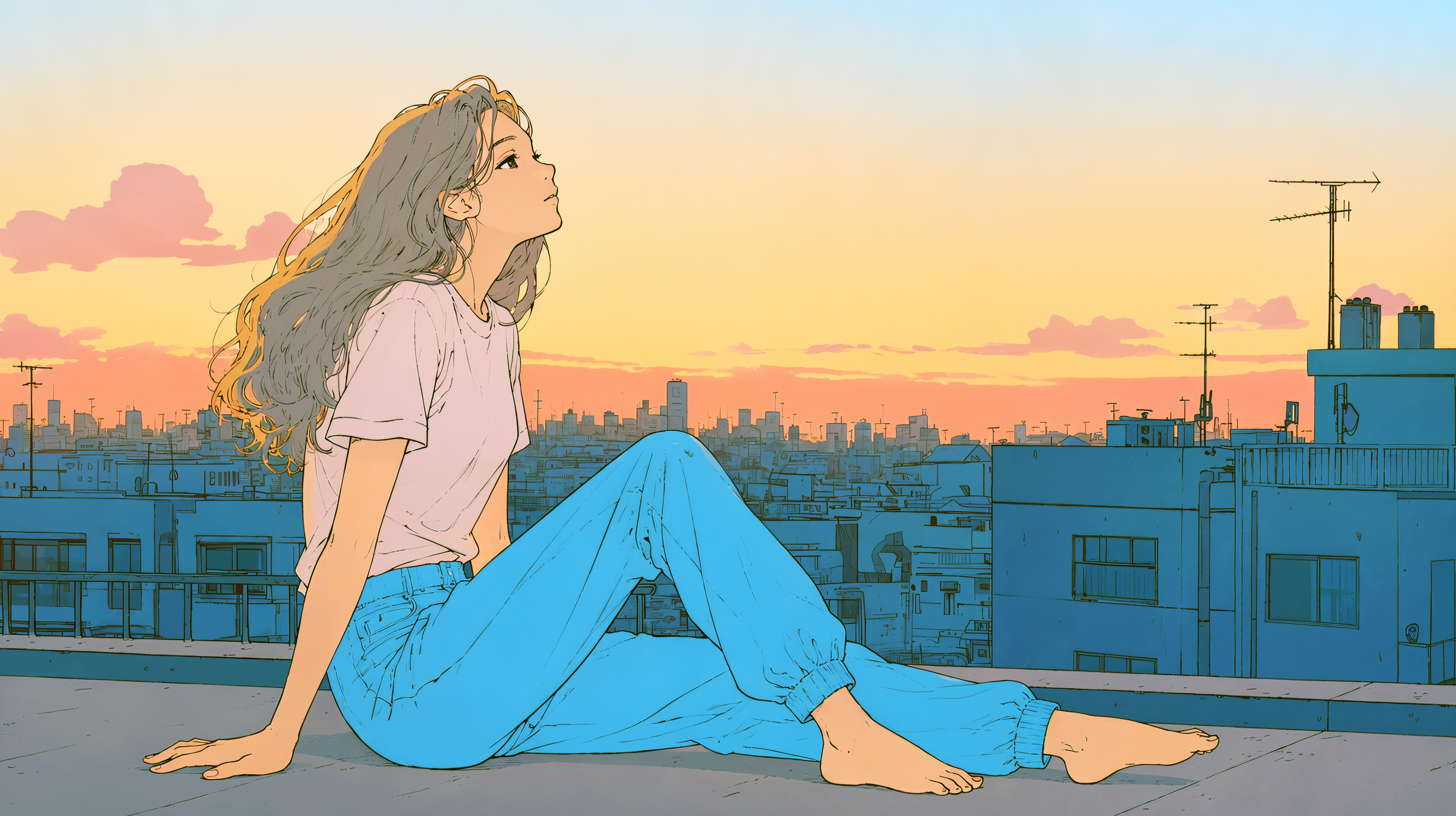 都会の見える屋上に座り夕焼けの空を見上げる女性 no.6