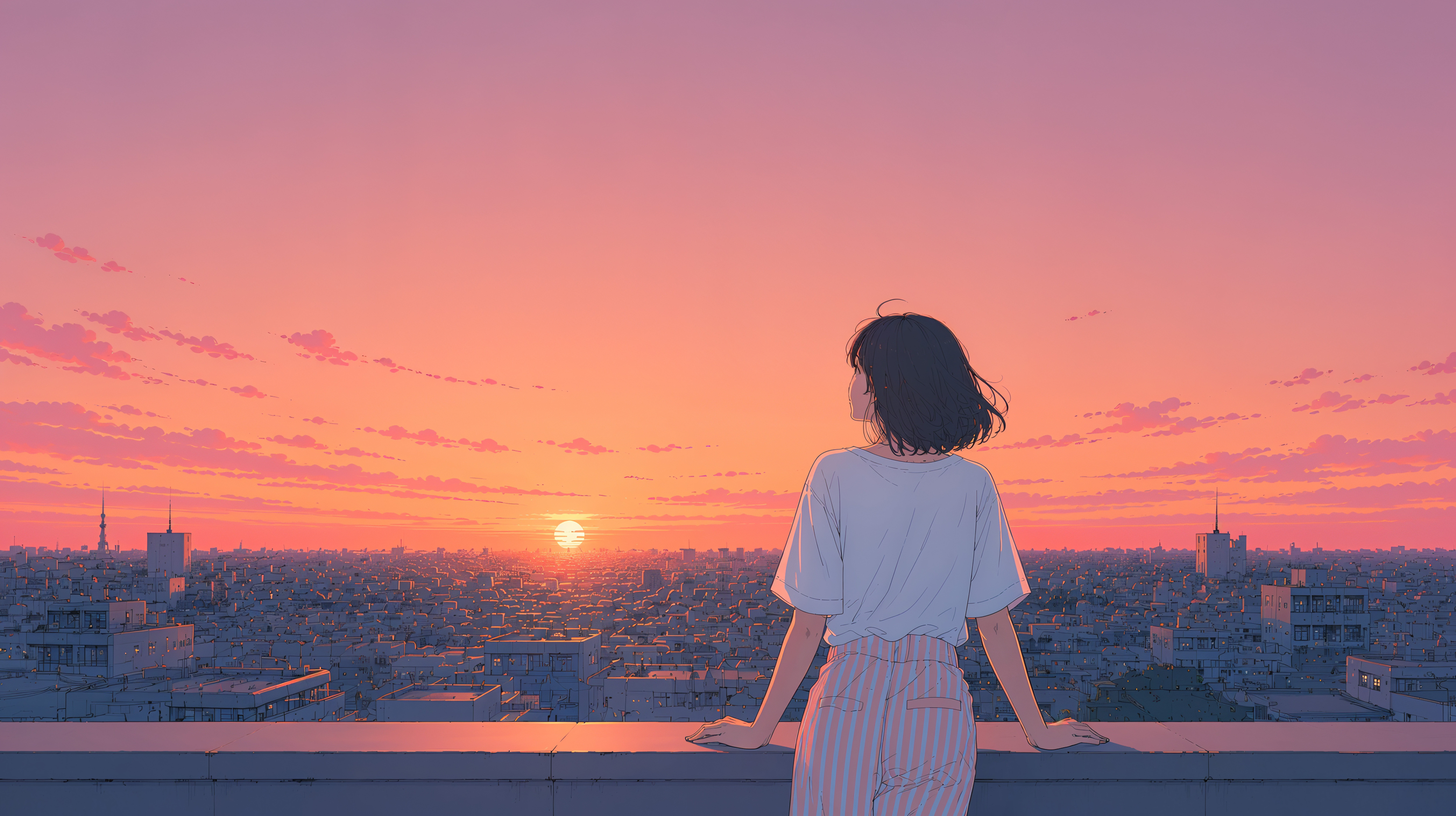 都会の見える屋上に座り夕焼けの空を見上げる女性 no.7