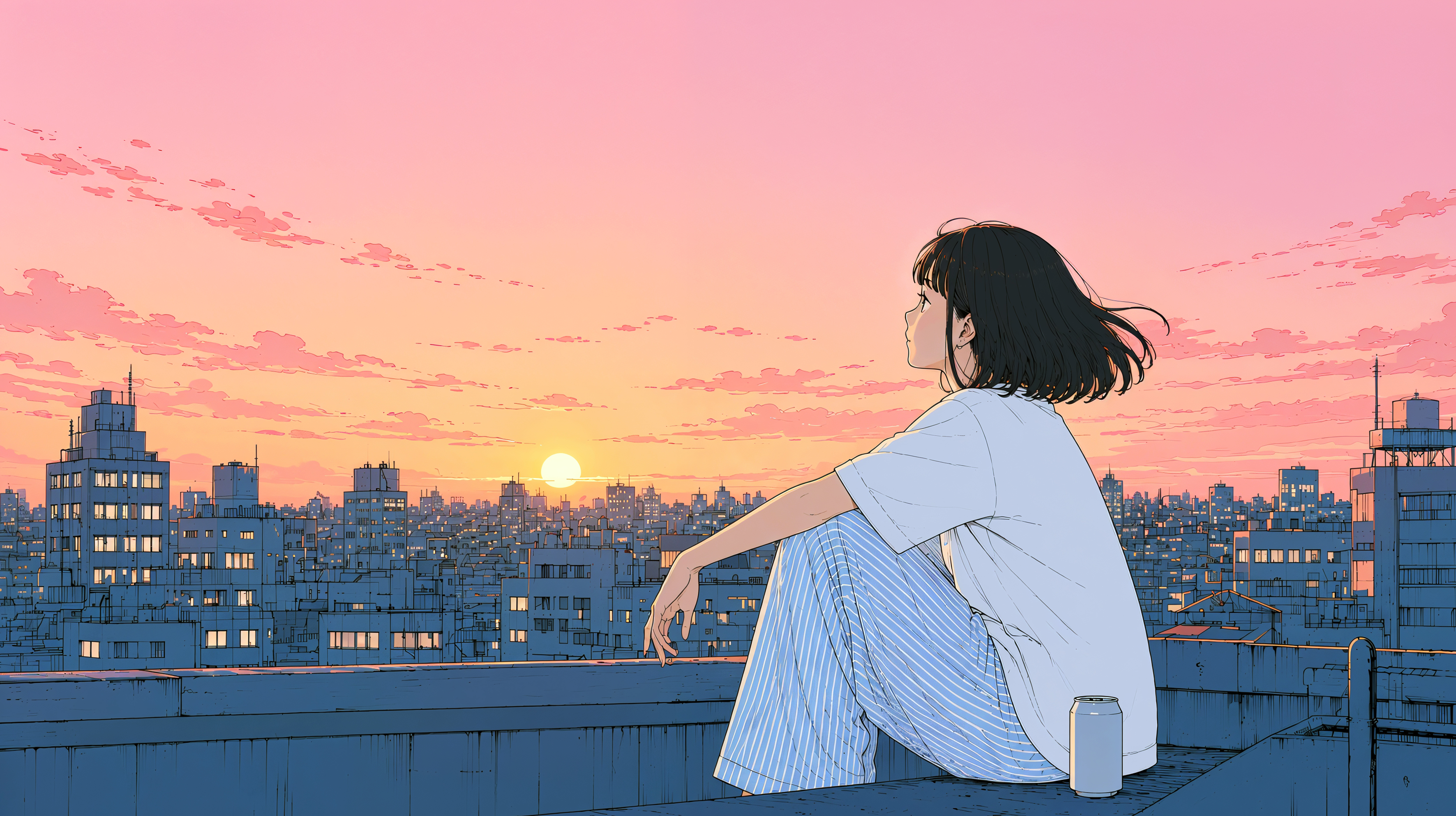 都会の見える屋上に座り夕焼けの空を見上げる女性 no.9
