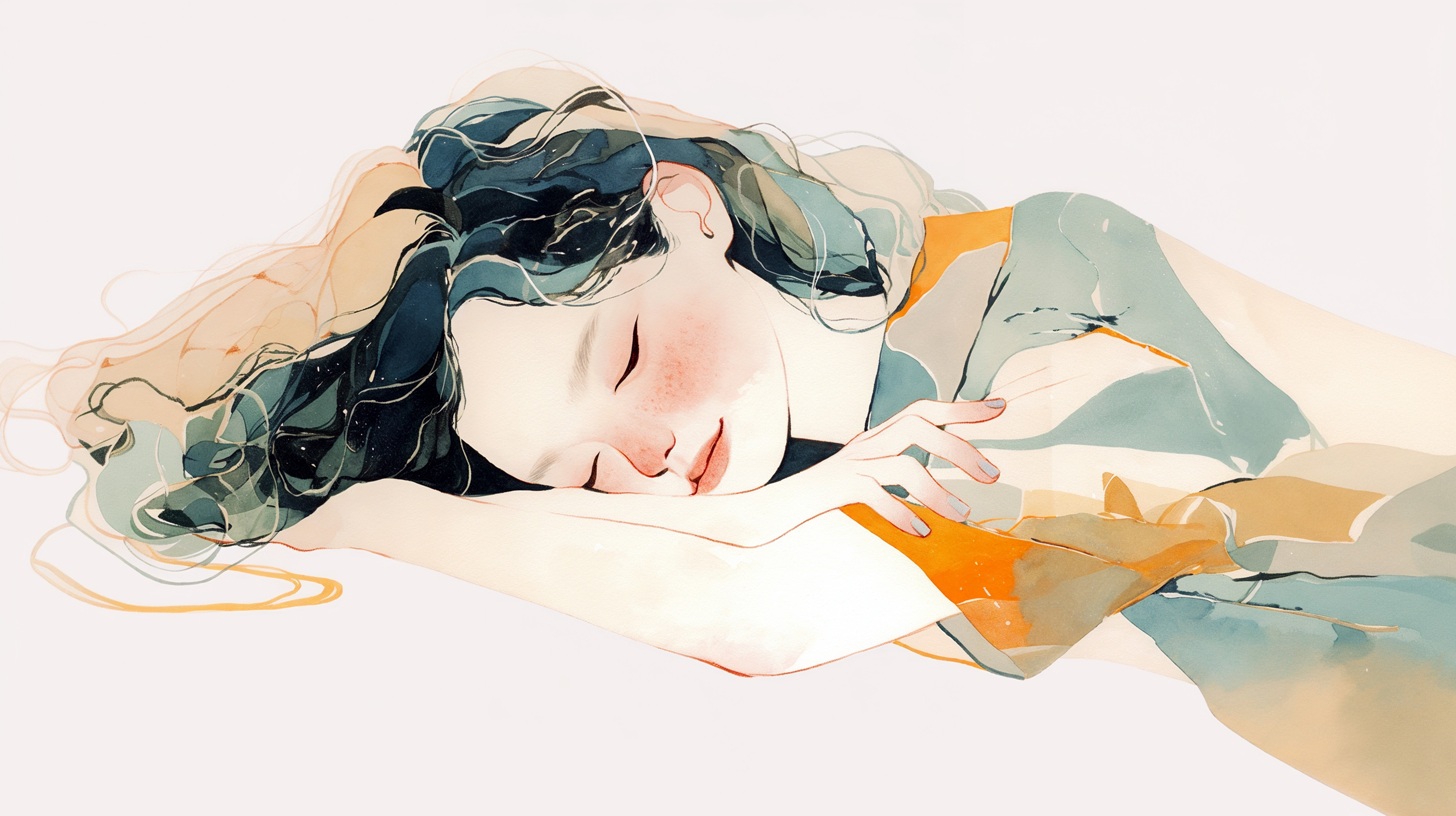 静かに目を閉じて眠る女性の水彩イラスト no.2