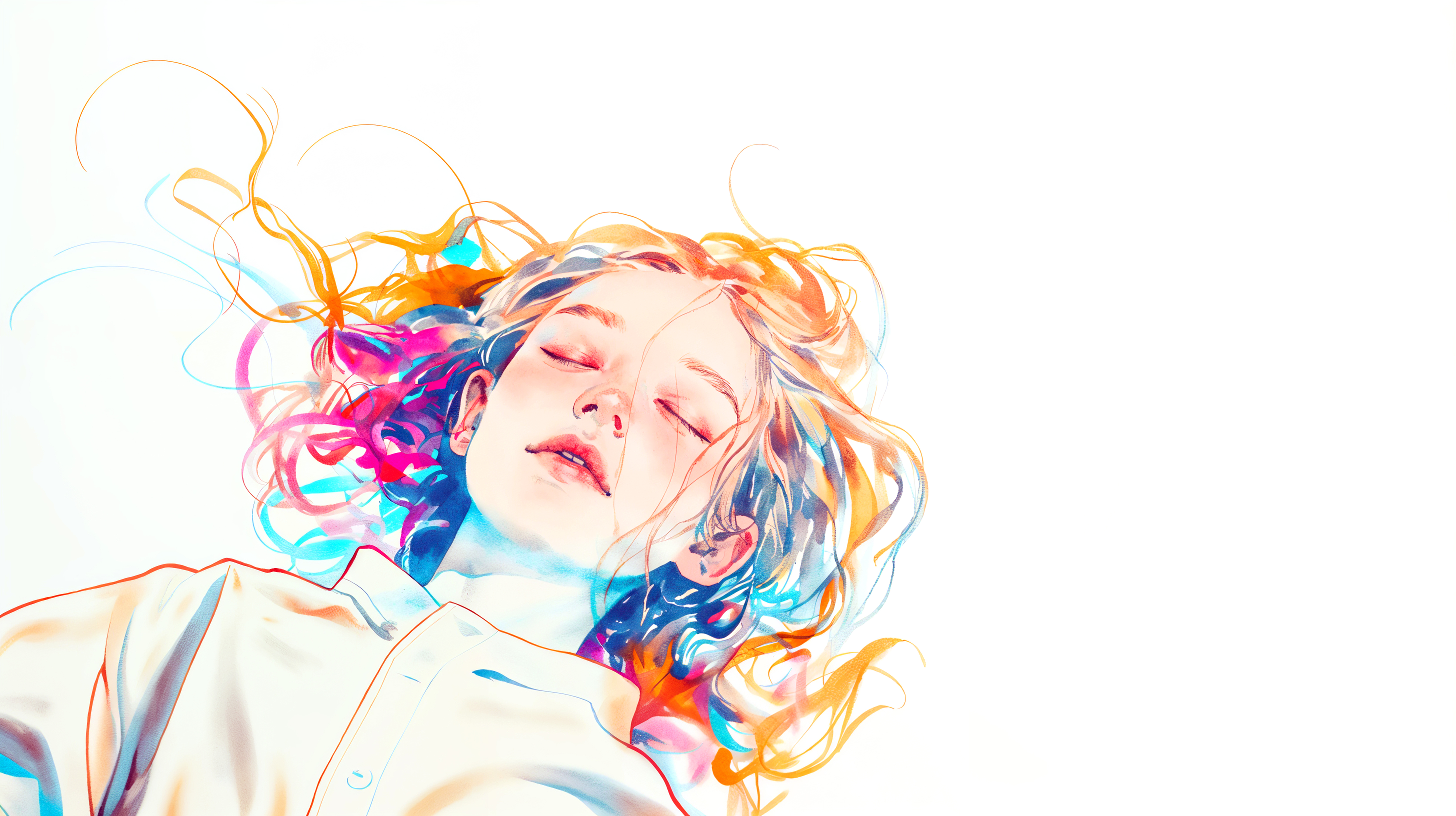 目を閉じて幸せそうに眠る若い女性のカラフルなイラスト no.4