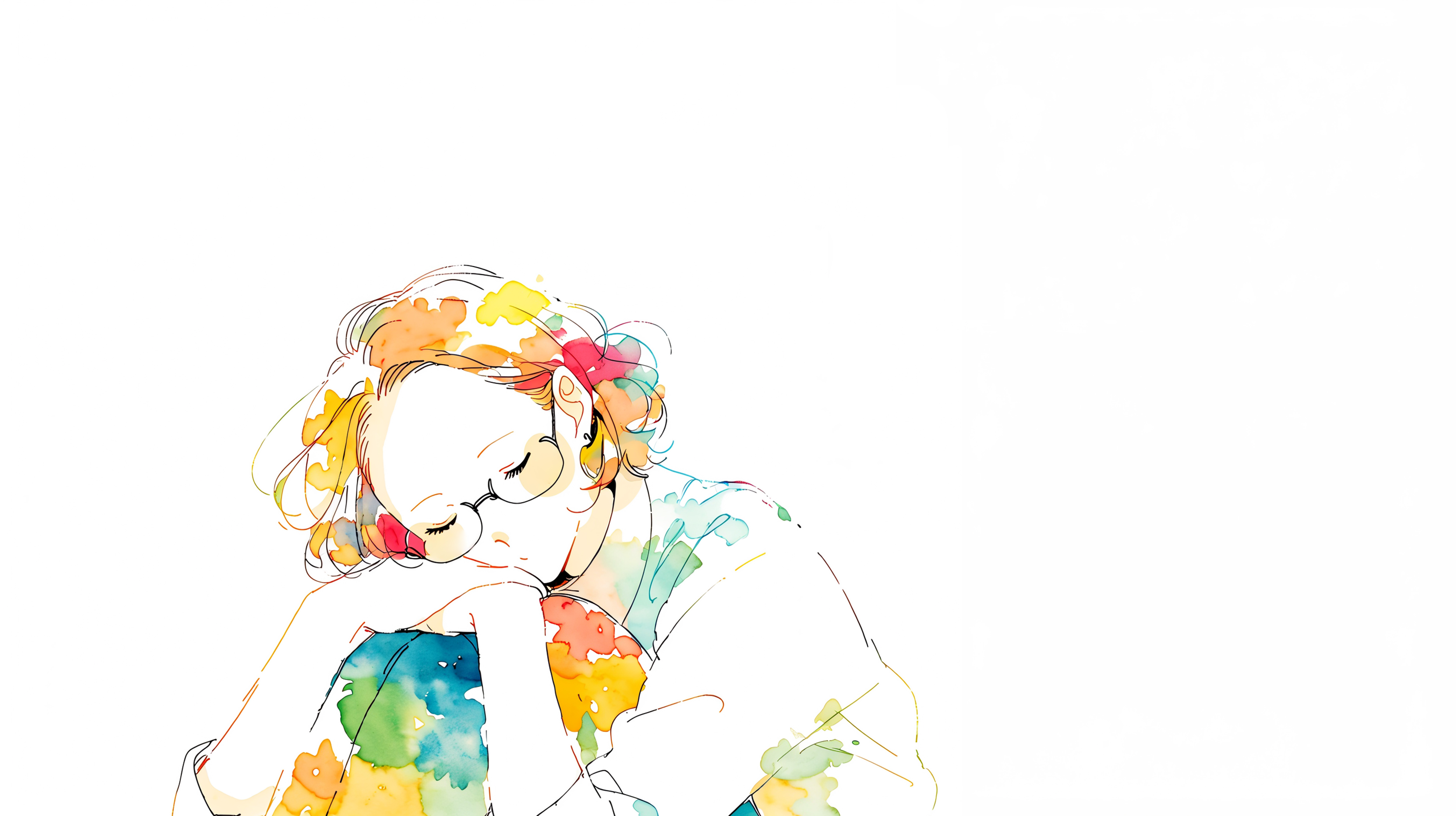 目を閉じてリラックスをしている女性のカラフルな水彩イラスト no.3