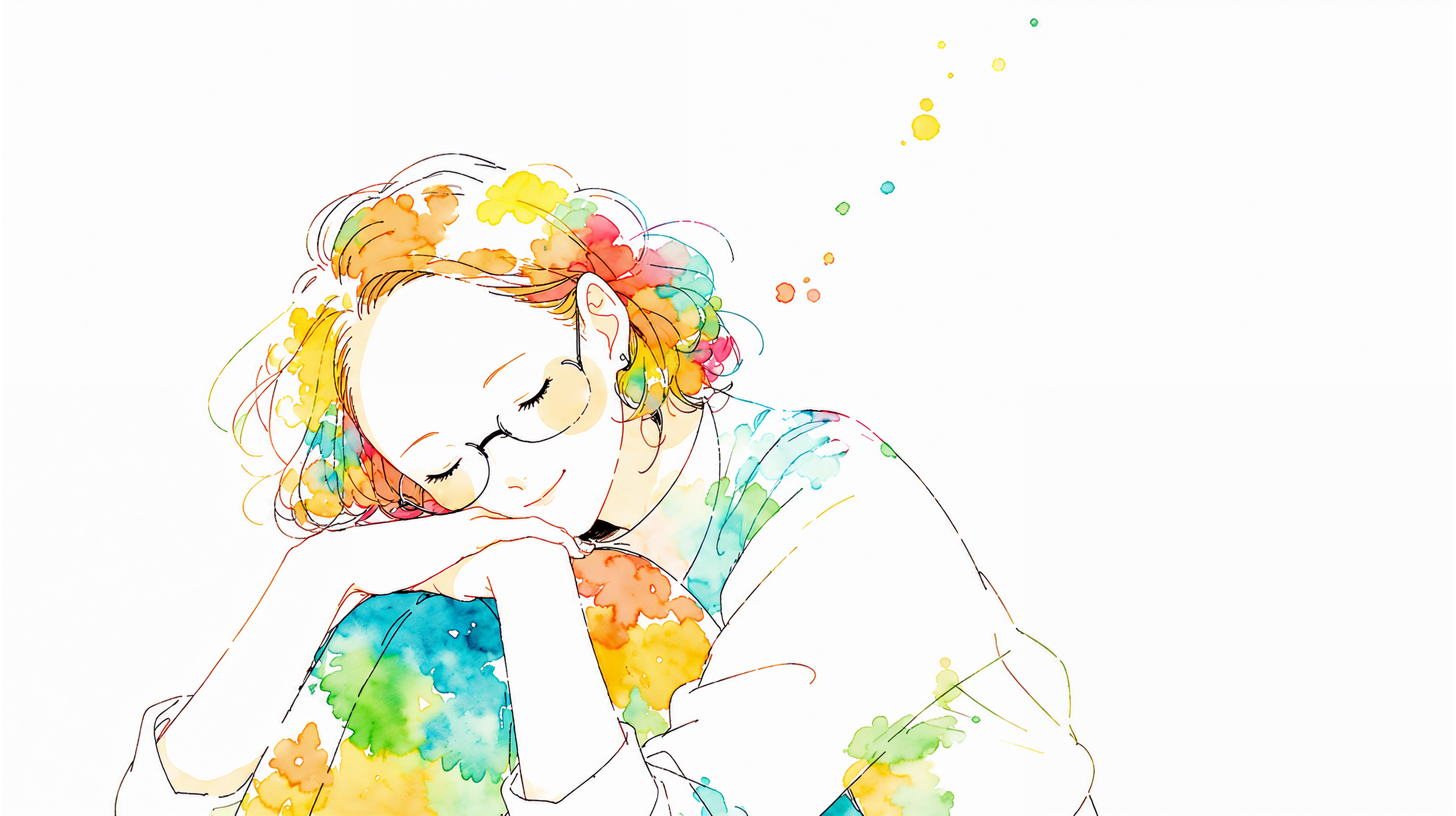 目を閉じてリラックスをしている女性のカラフルな水彩イラスト no.6