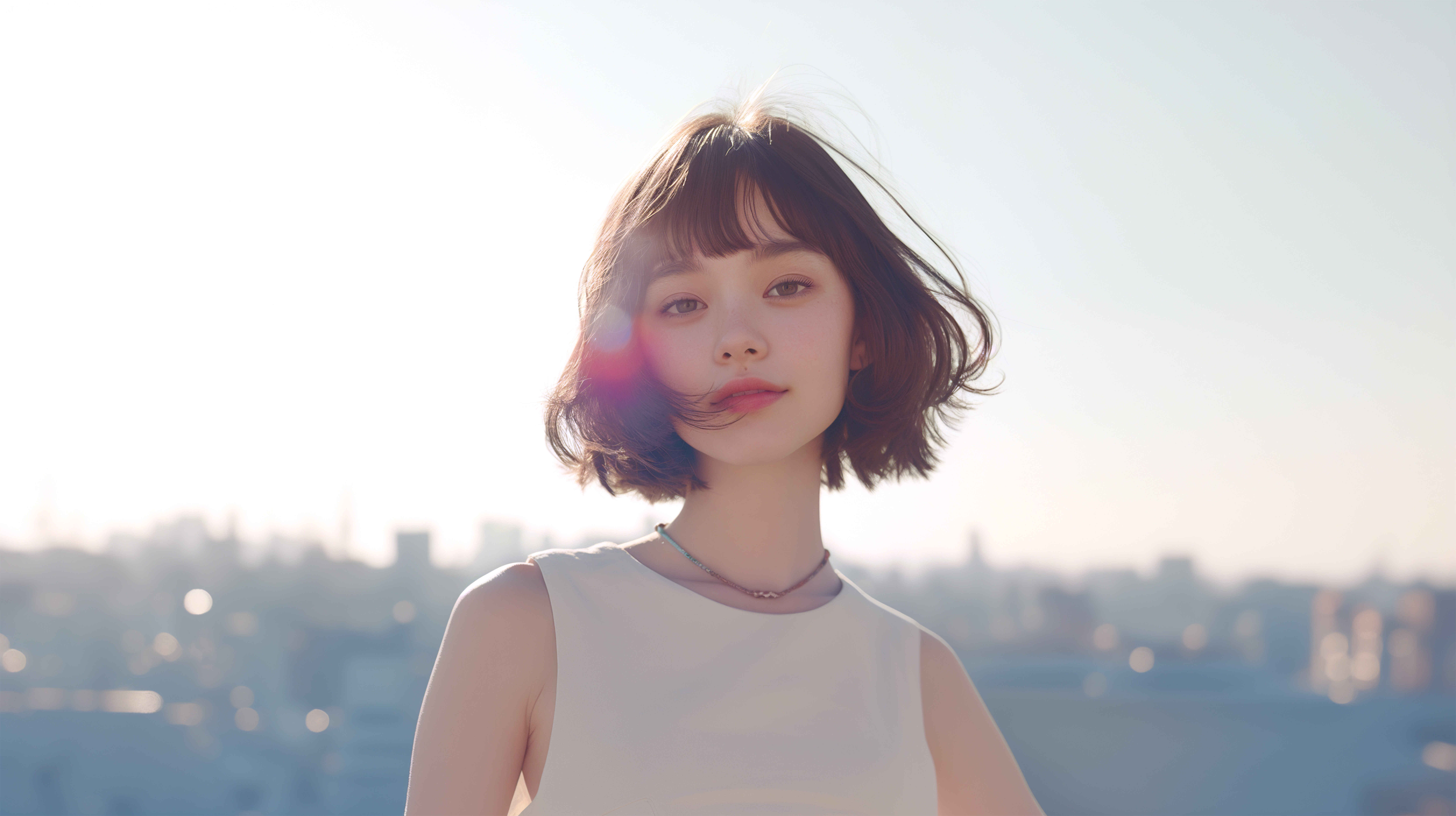 夕暮れの都市を背景に佇むボブヘアの若い女性ポートレート no.1