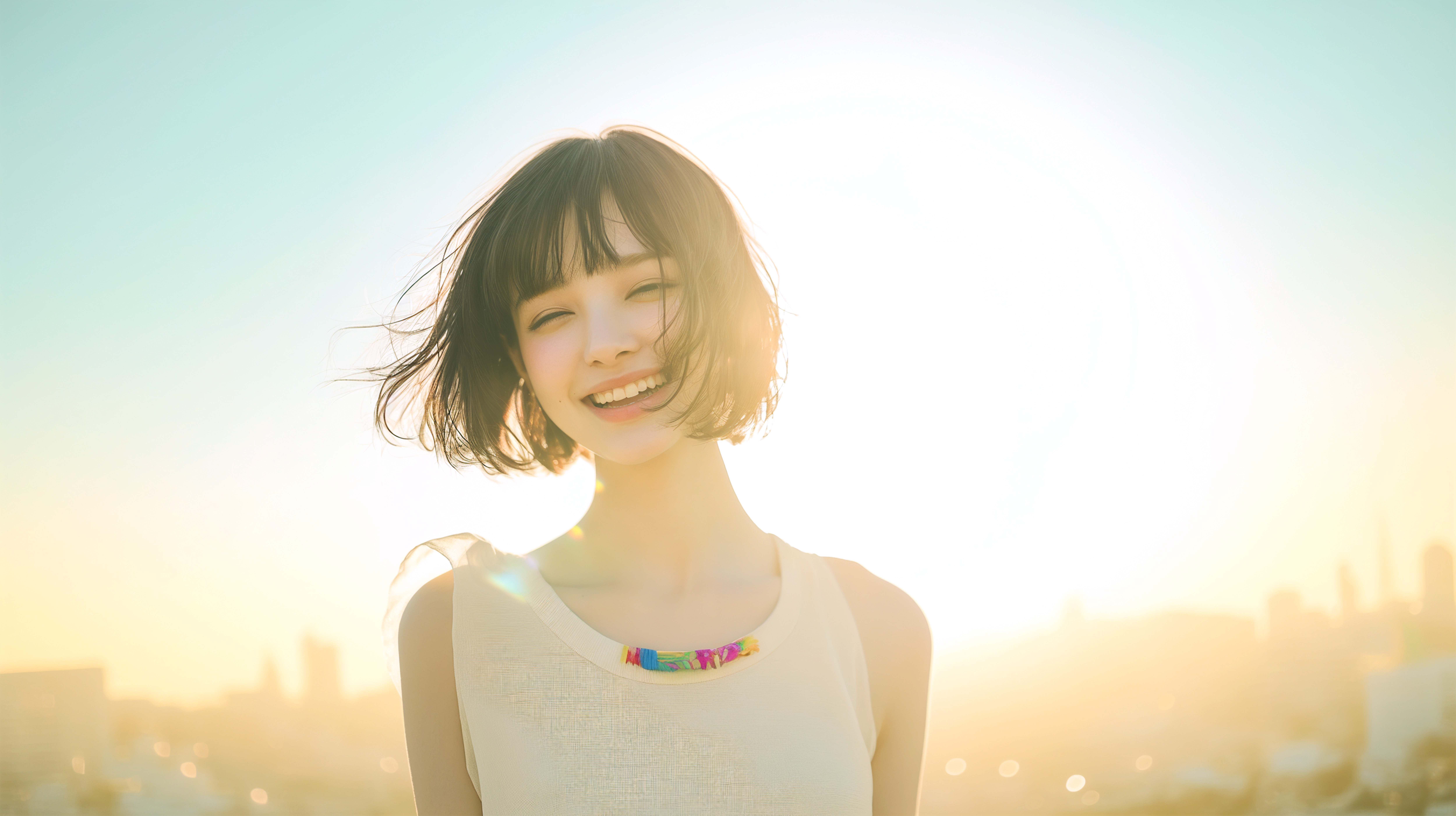 夕暮れの都市を背景に佇むボブヘアの若い女性ポートレート no.3