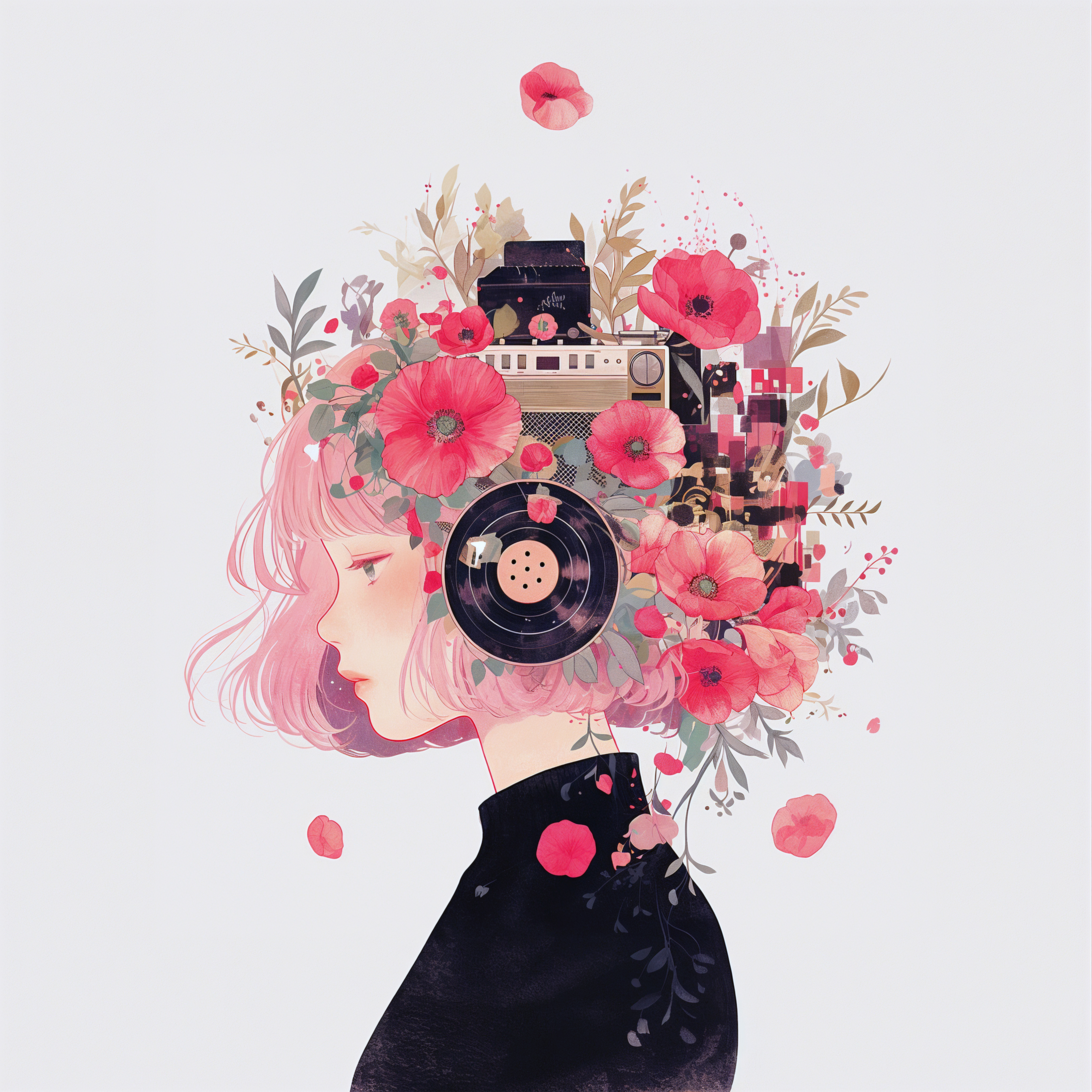 花と音楽に包まれた女性のコラージュ風イラスト no.2
