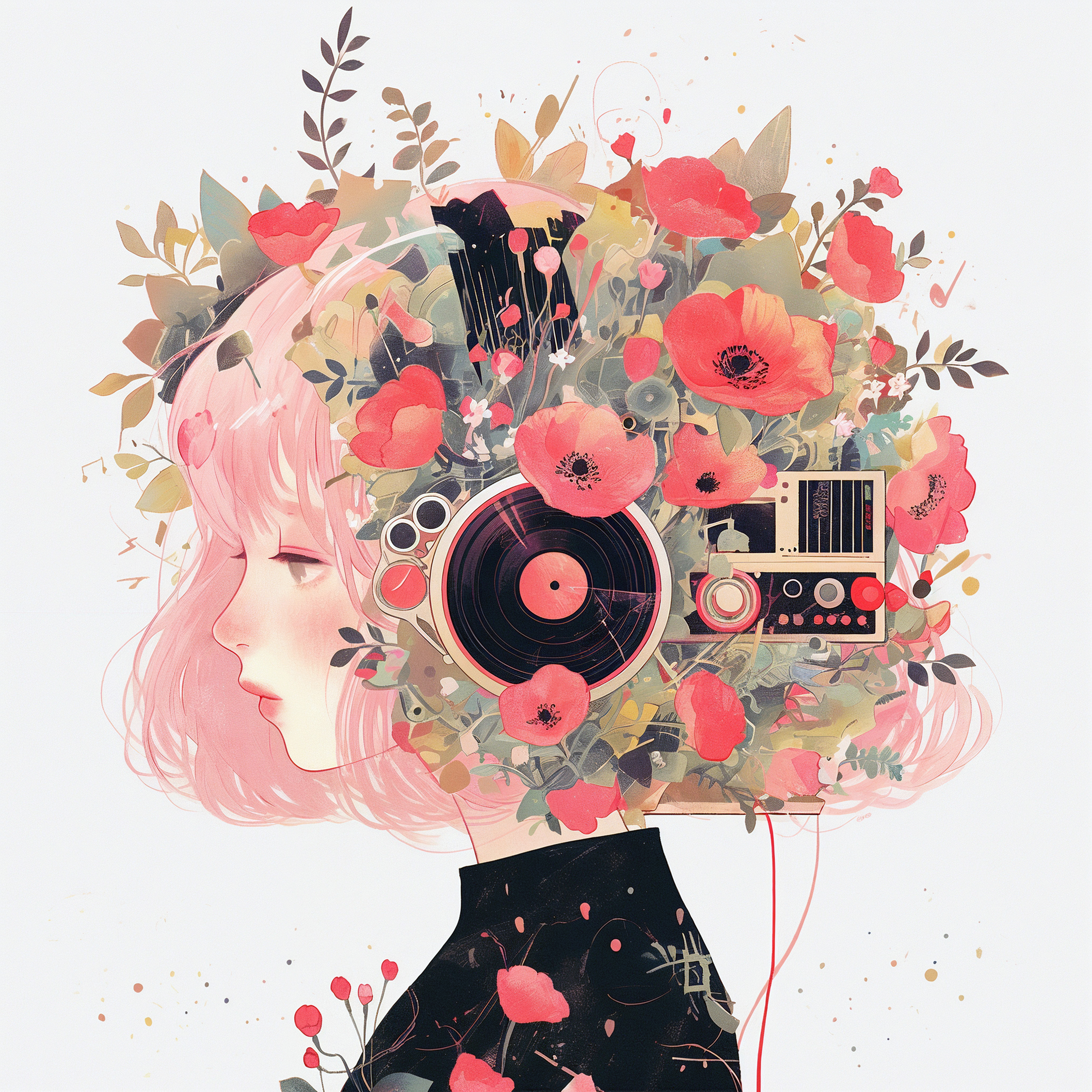 花と音楽に包まれた女性のコラージュ風イラスト no.3