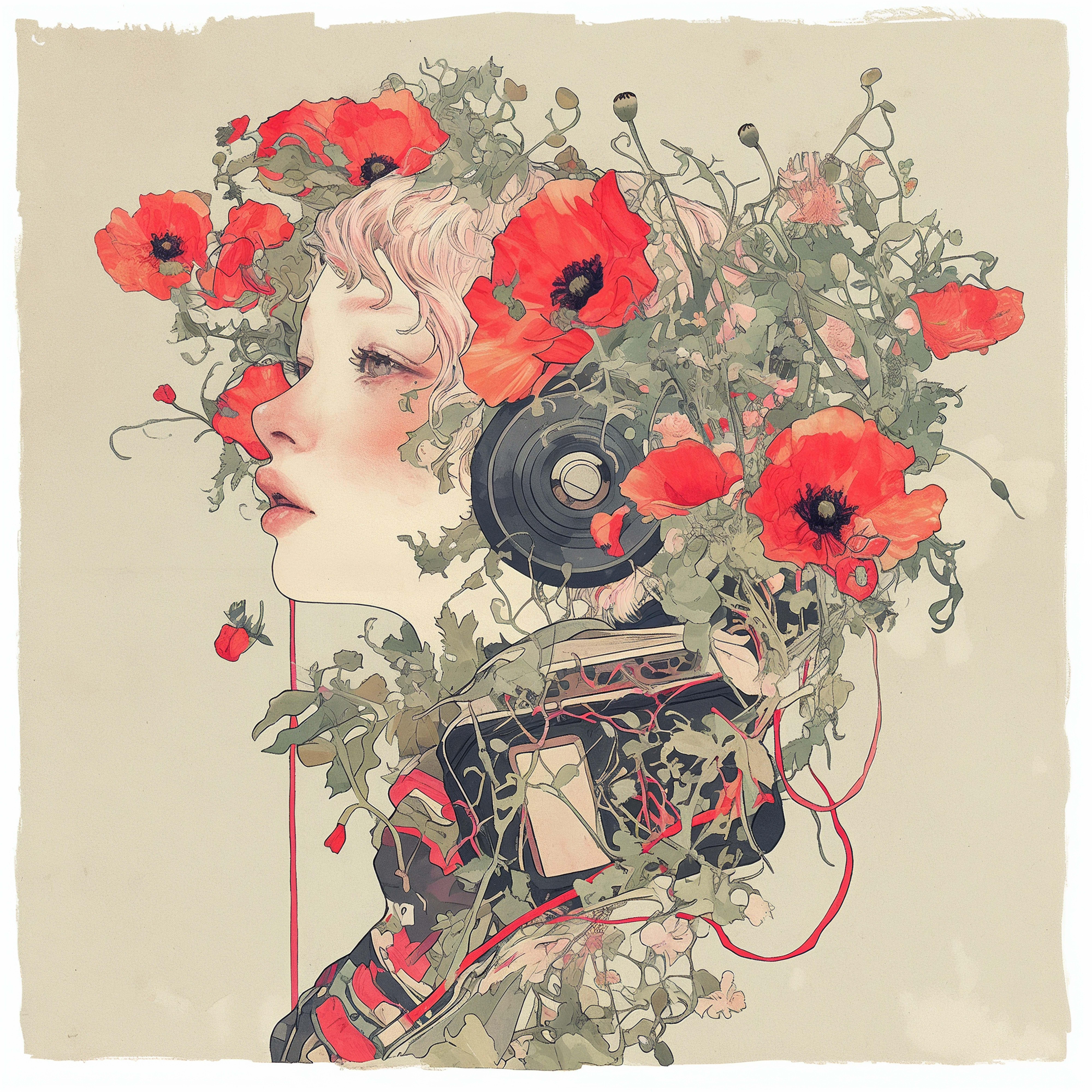 花と音楽に包まれた女性のコラージュ風イラスト no.4