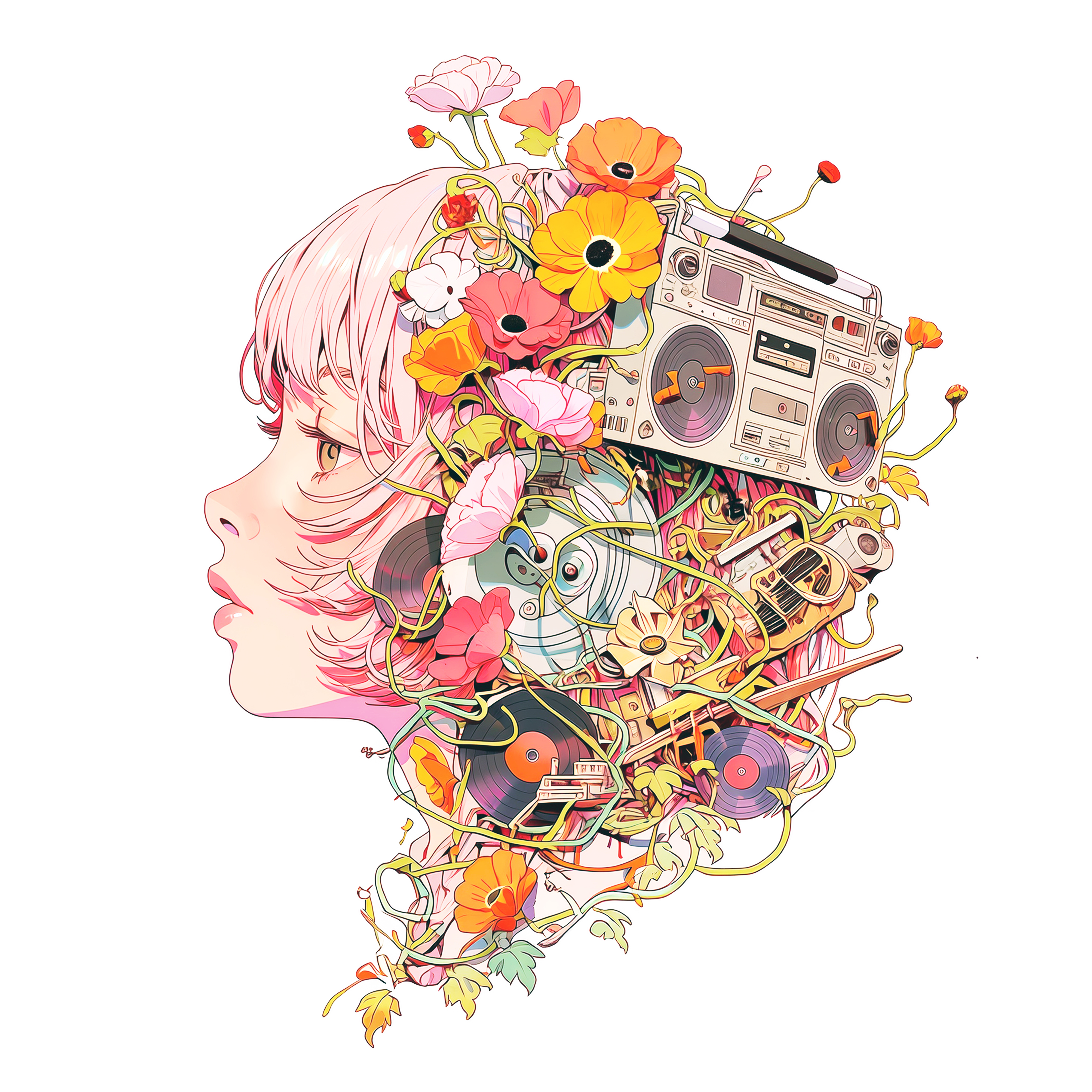 花と音楽に包まれた女性のコラージュ風イラスト no.5