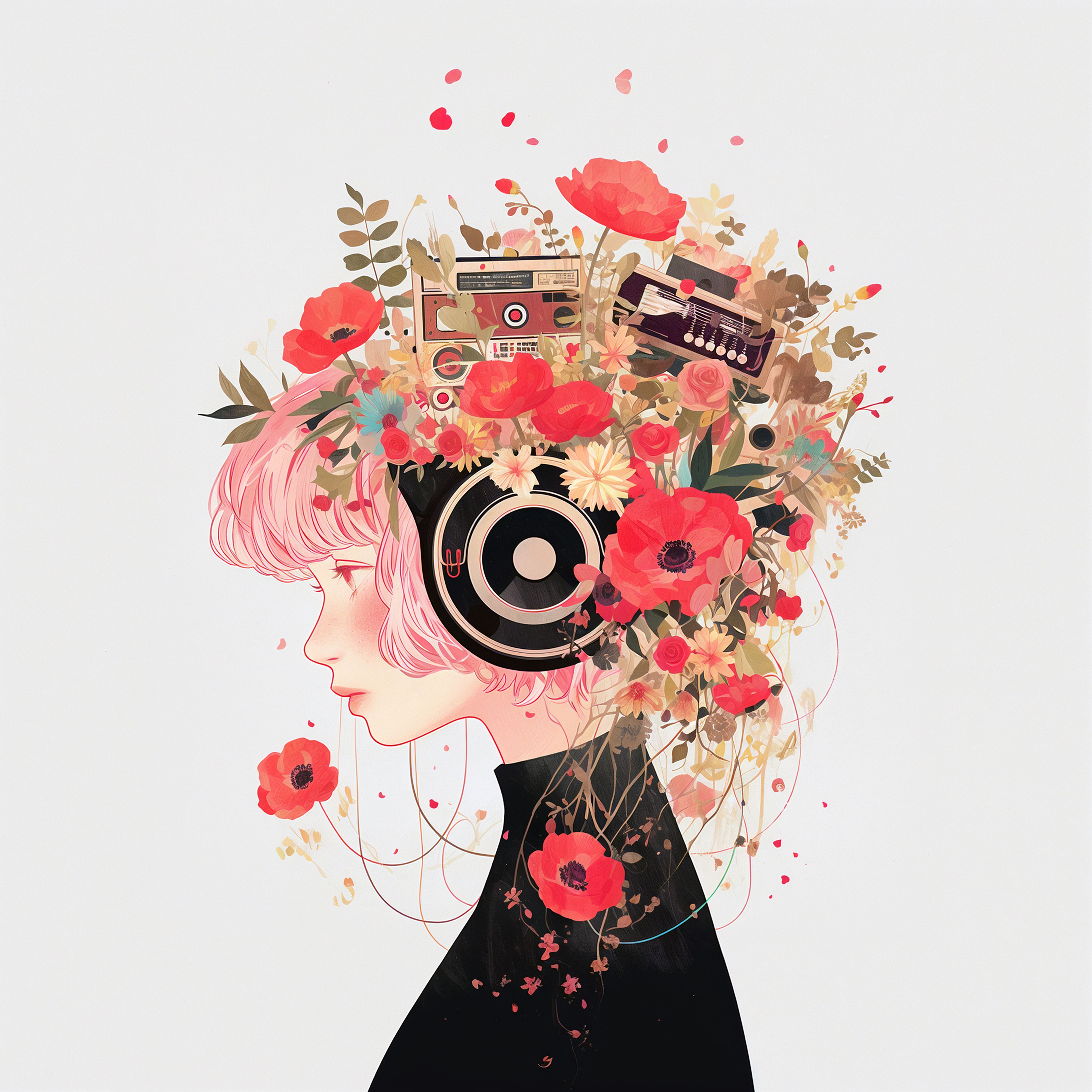 花と音楽に包まれた女性のコラージュ風イラスト no.6