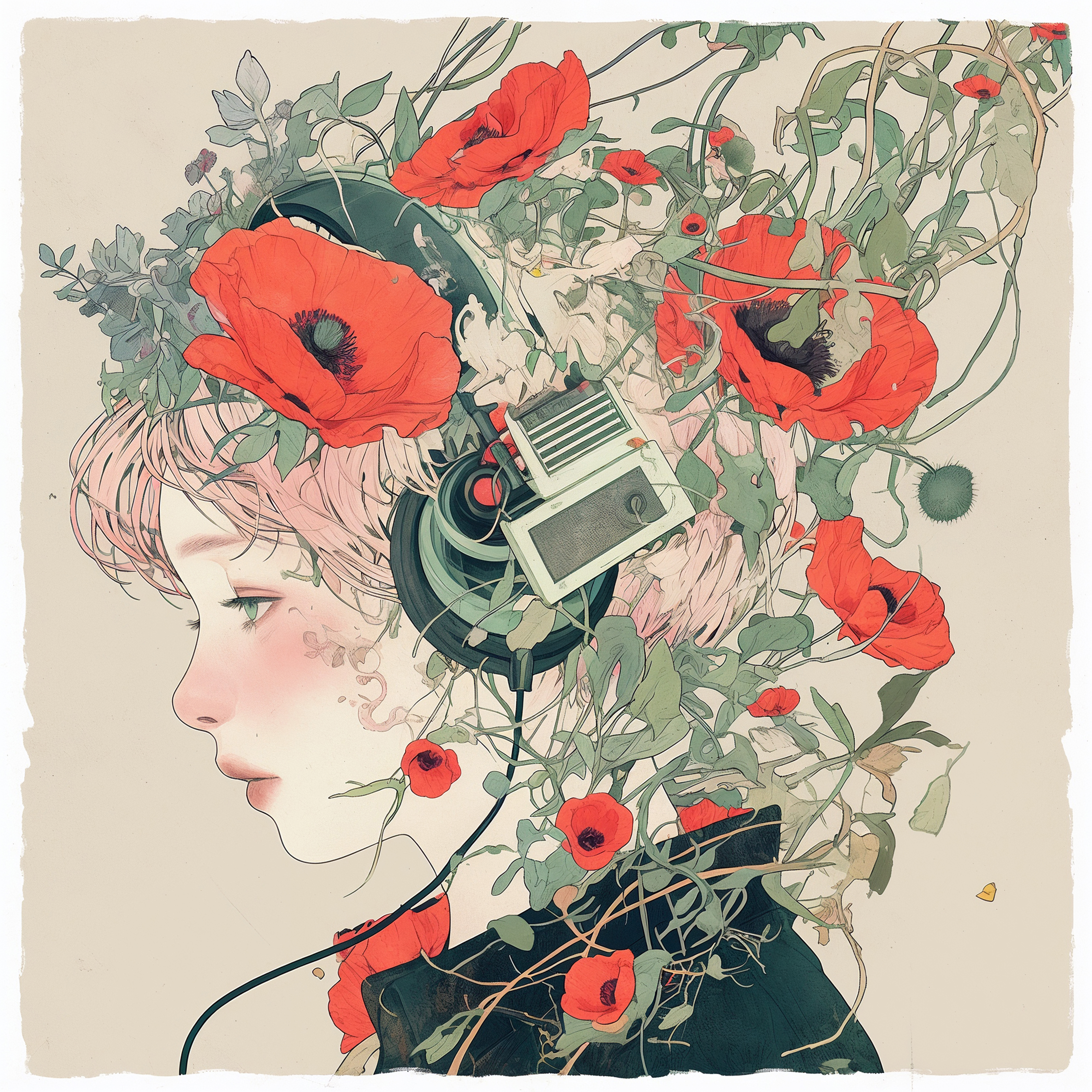 花と音楽に包まれた女性のコラージュ風イラスト no.7