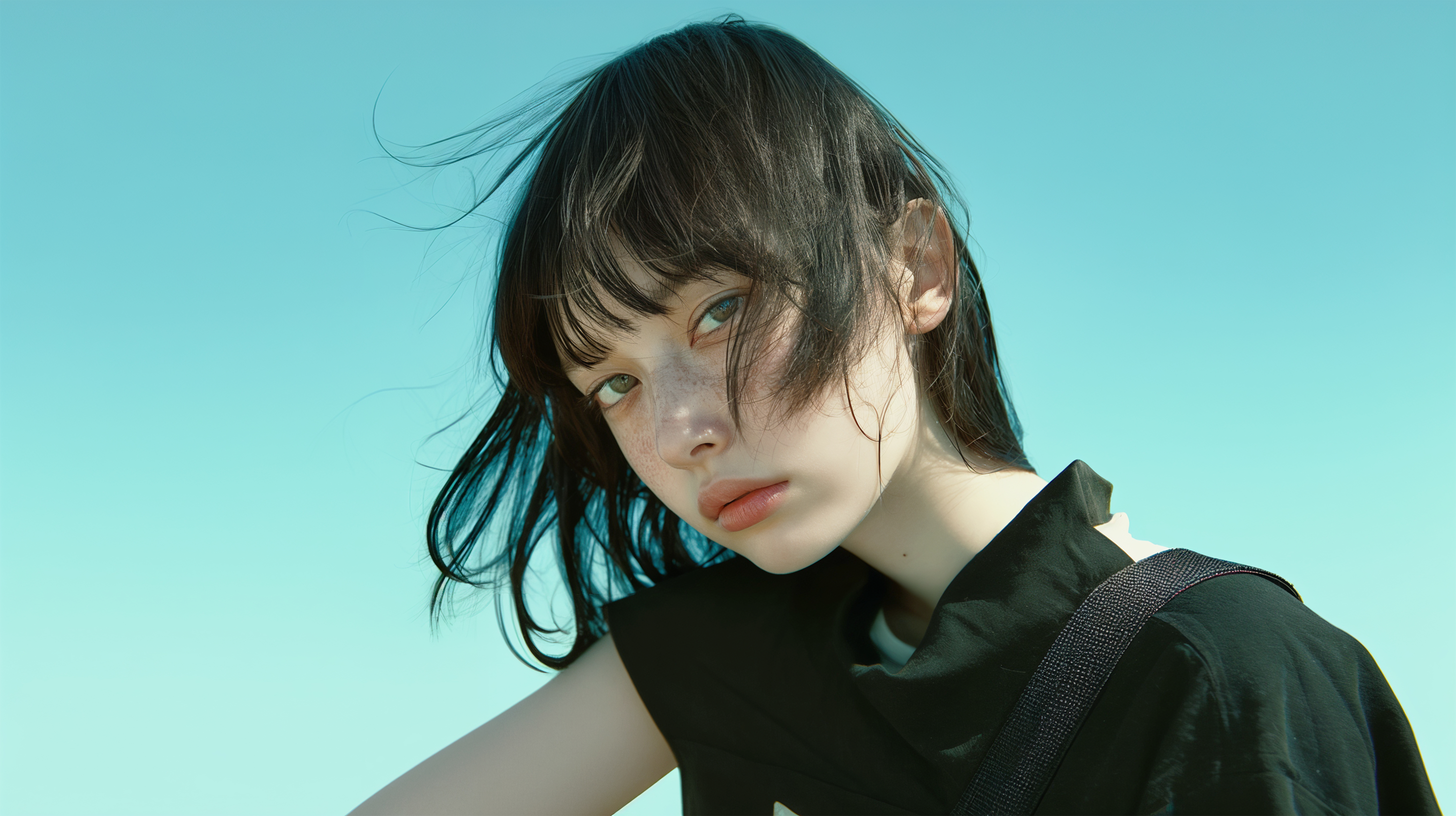 青い空と透明感のあるモデル系女性のポートレート no.2