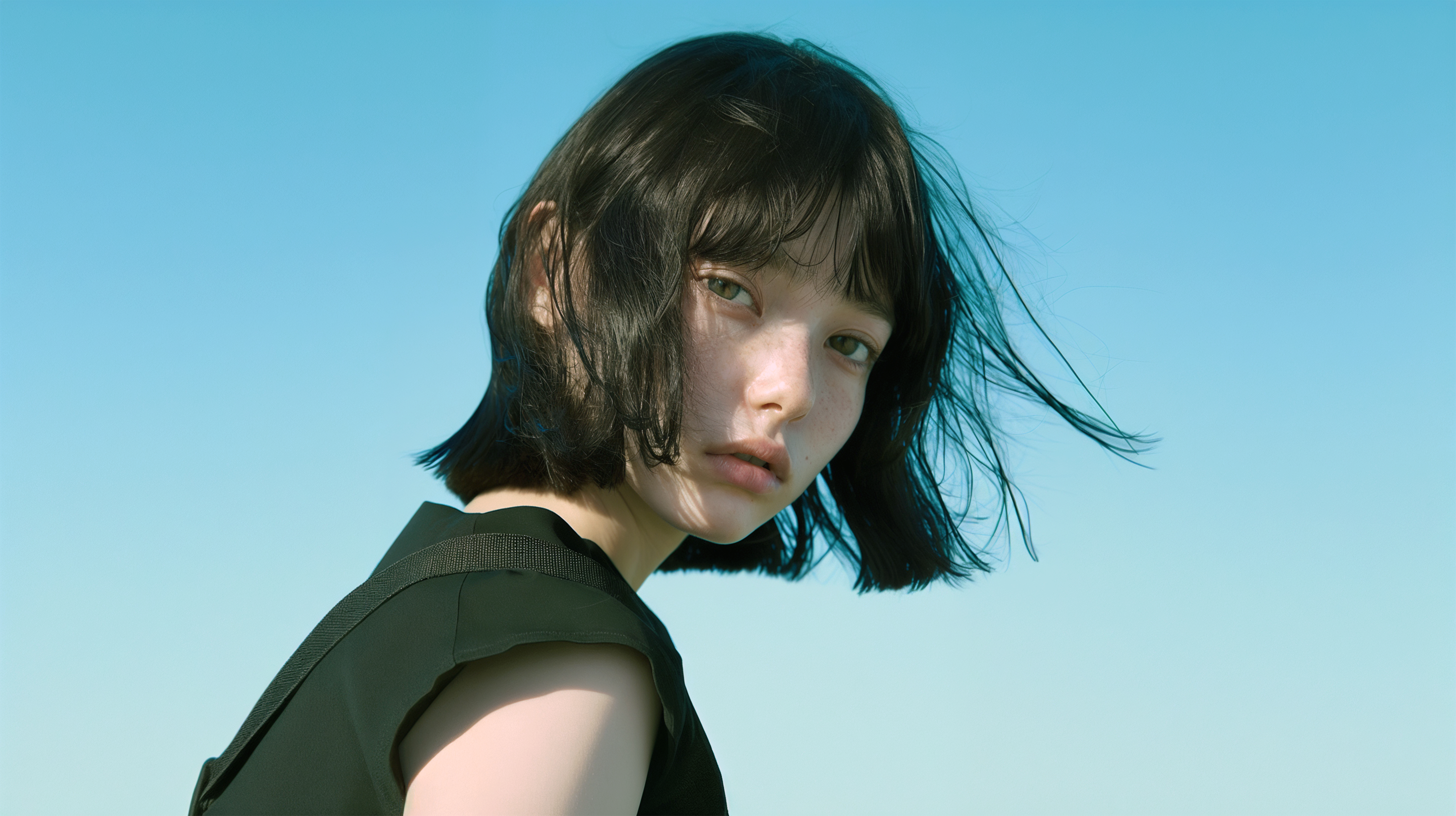 青い空と透明感のあるモデル系女性のポートレート no.4