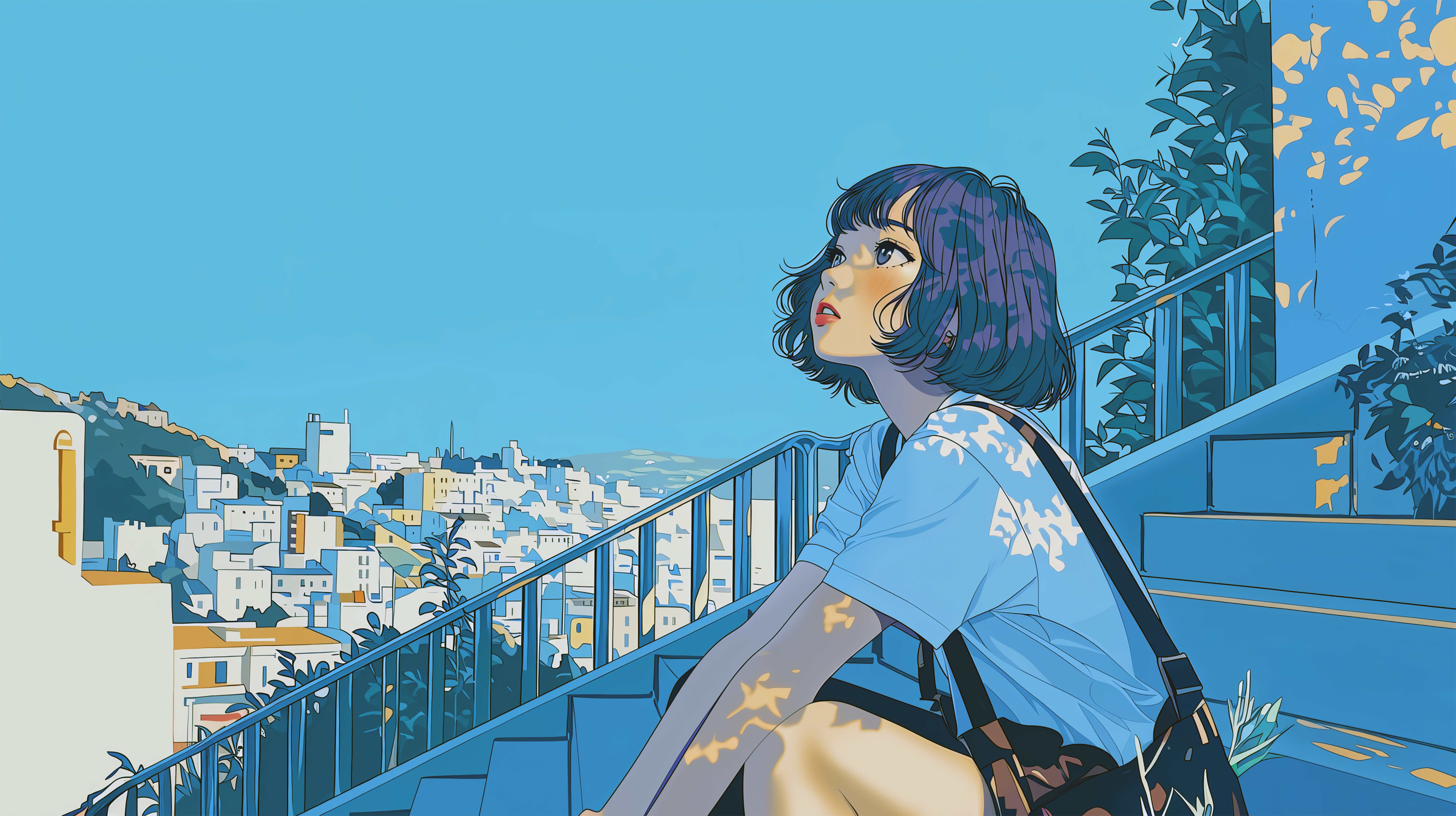 階段に座り夏の空を見上げる女性と都会の風景 no.2