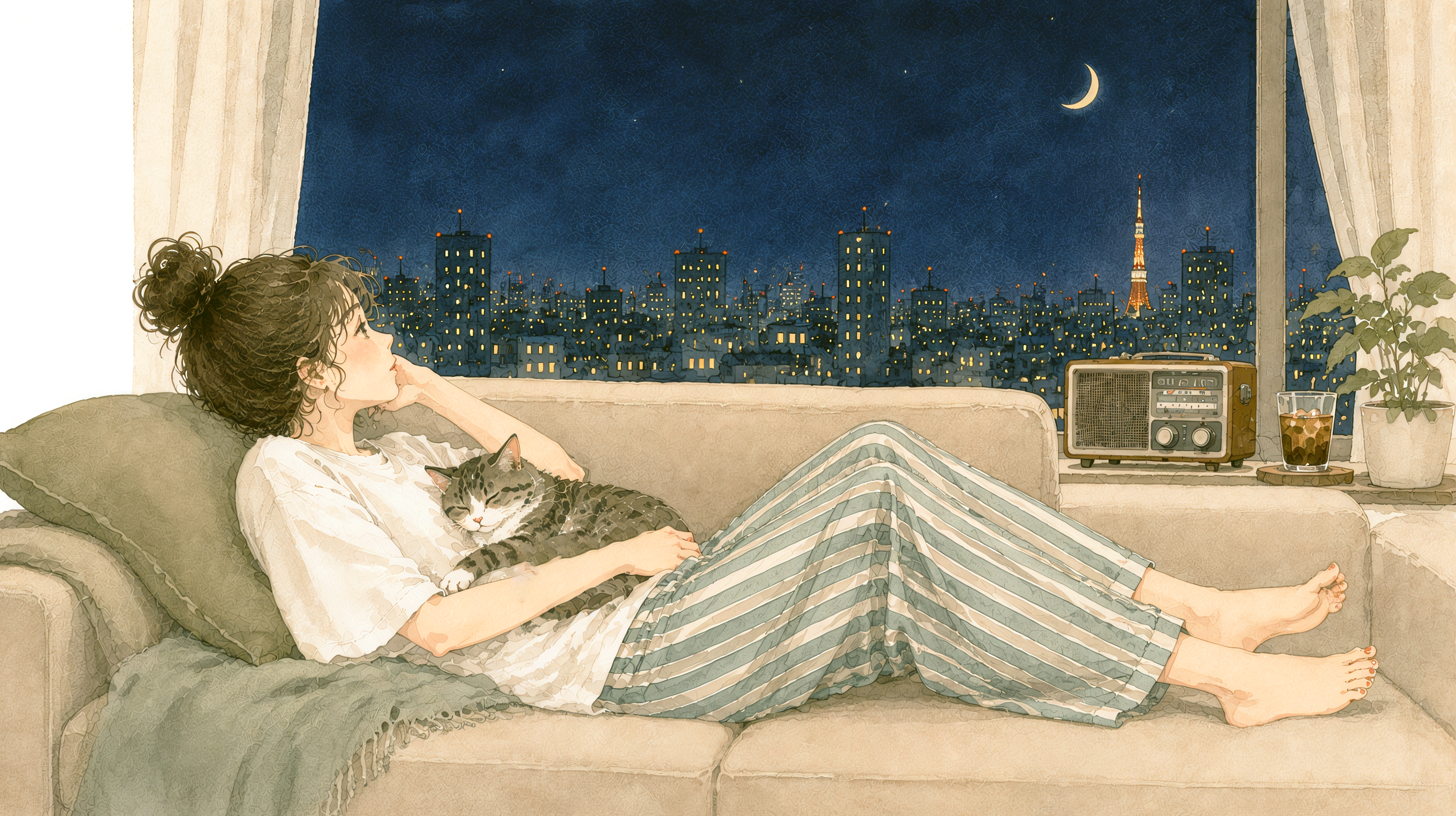 窓から都会の夜景を眺めながらソファーで猫とラジオを聴く女性 no.2