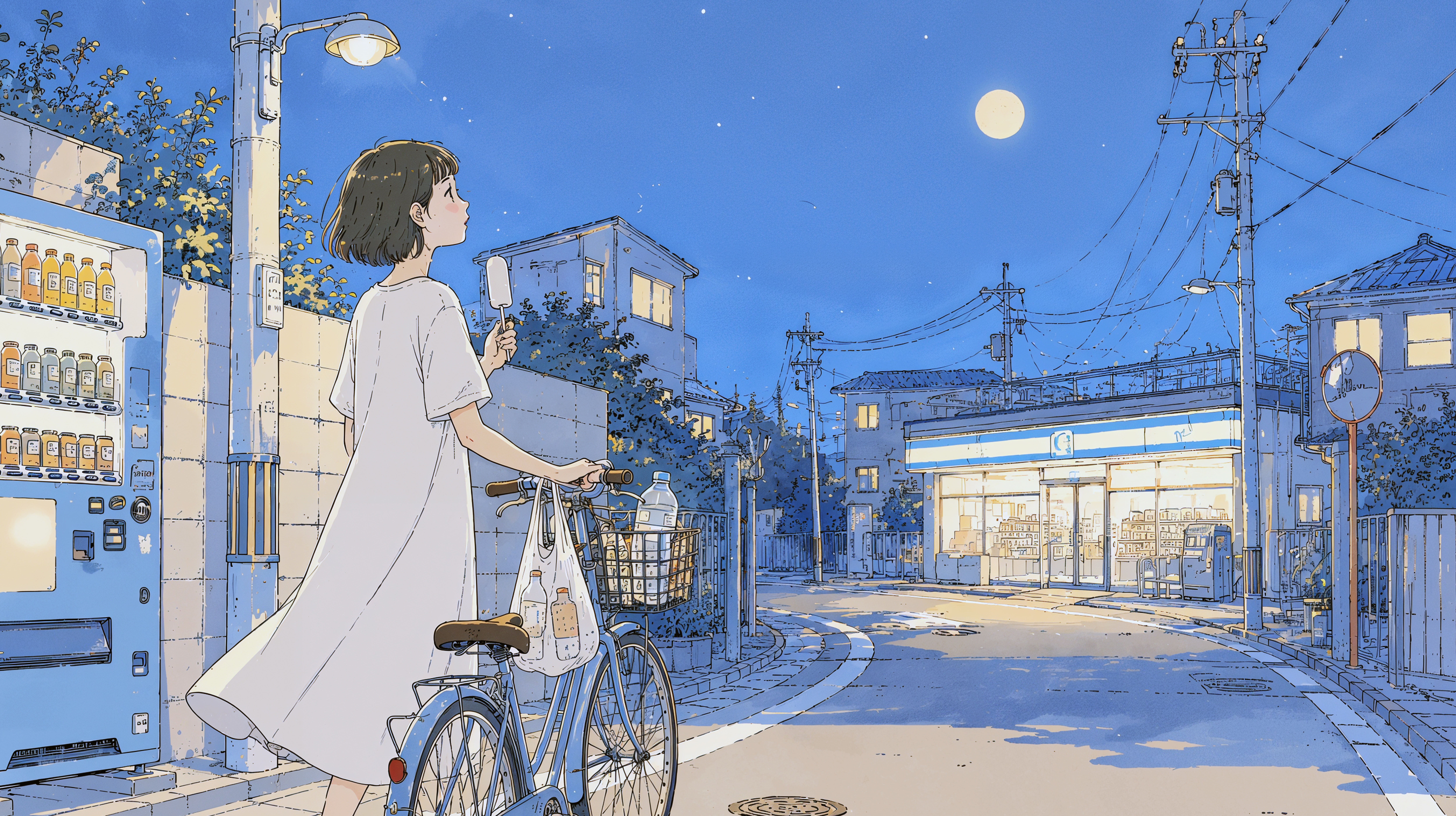 夜のコンビニとアイスを食べながら歩く女性 no.2