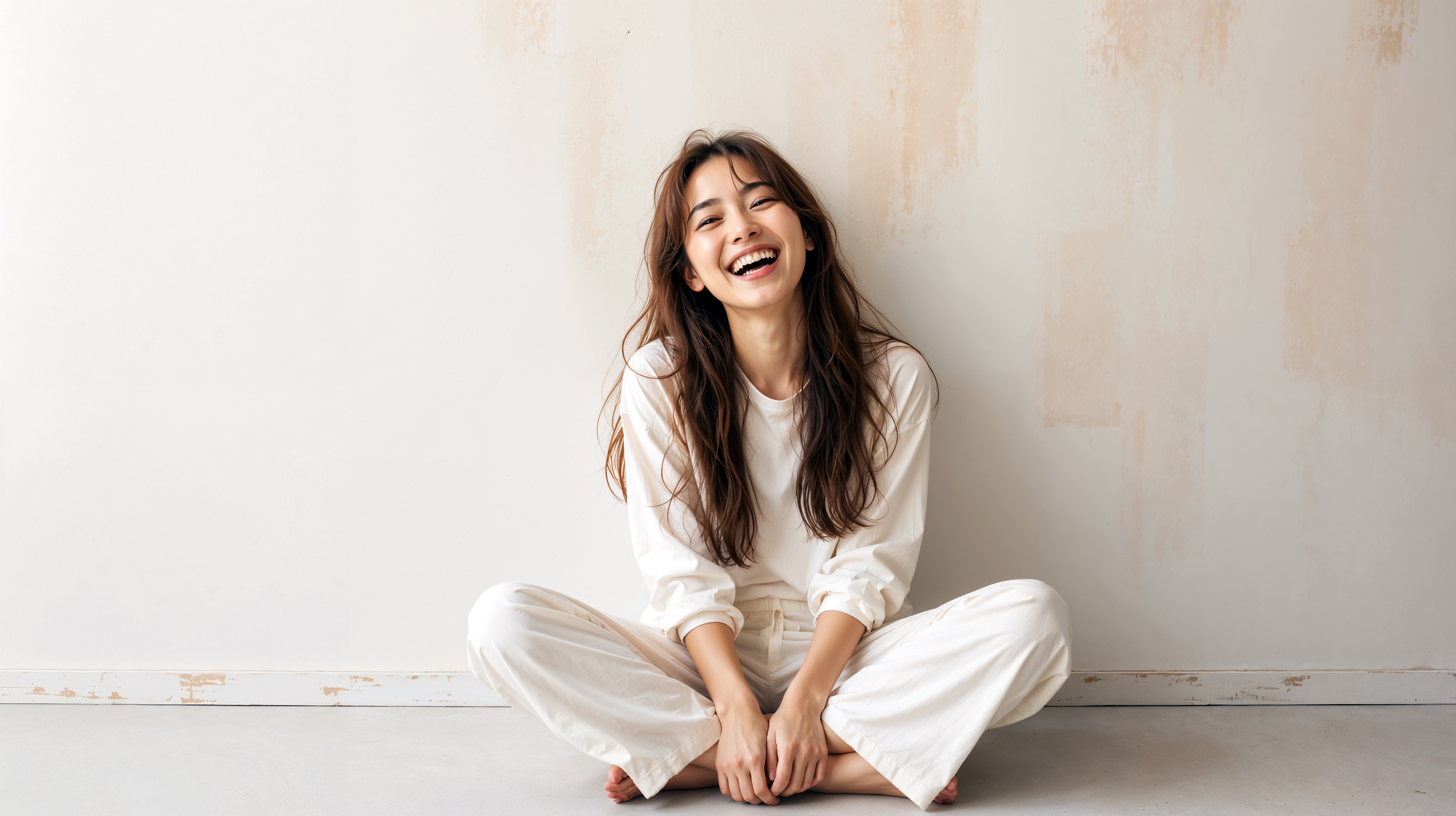 白い壁の前に座り自然に笑う健康的な女性 no.3