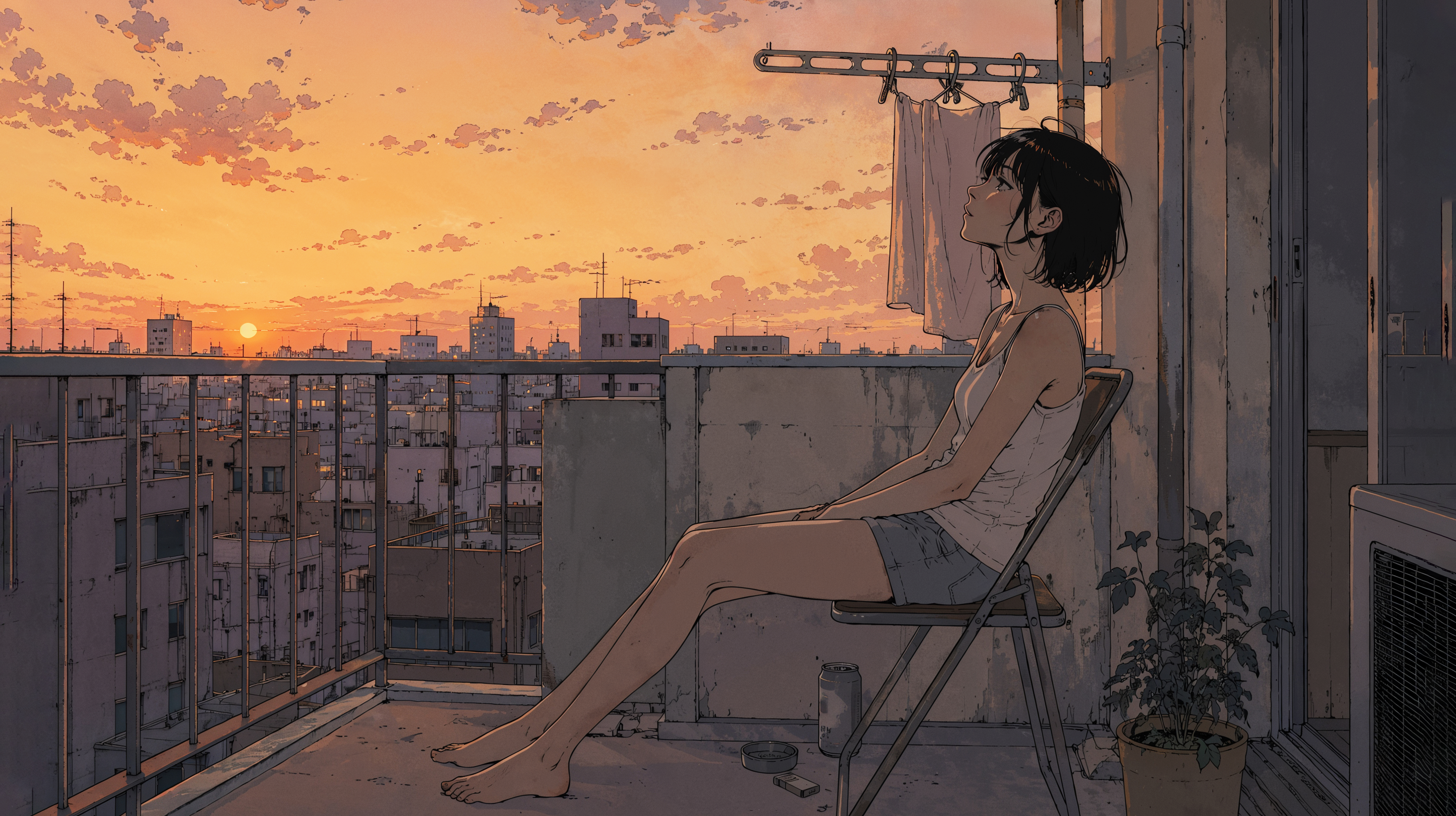 ベランダから都会を眺め夕焼けに包まれる女性のイラスト no.1