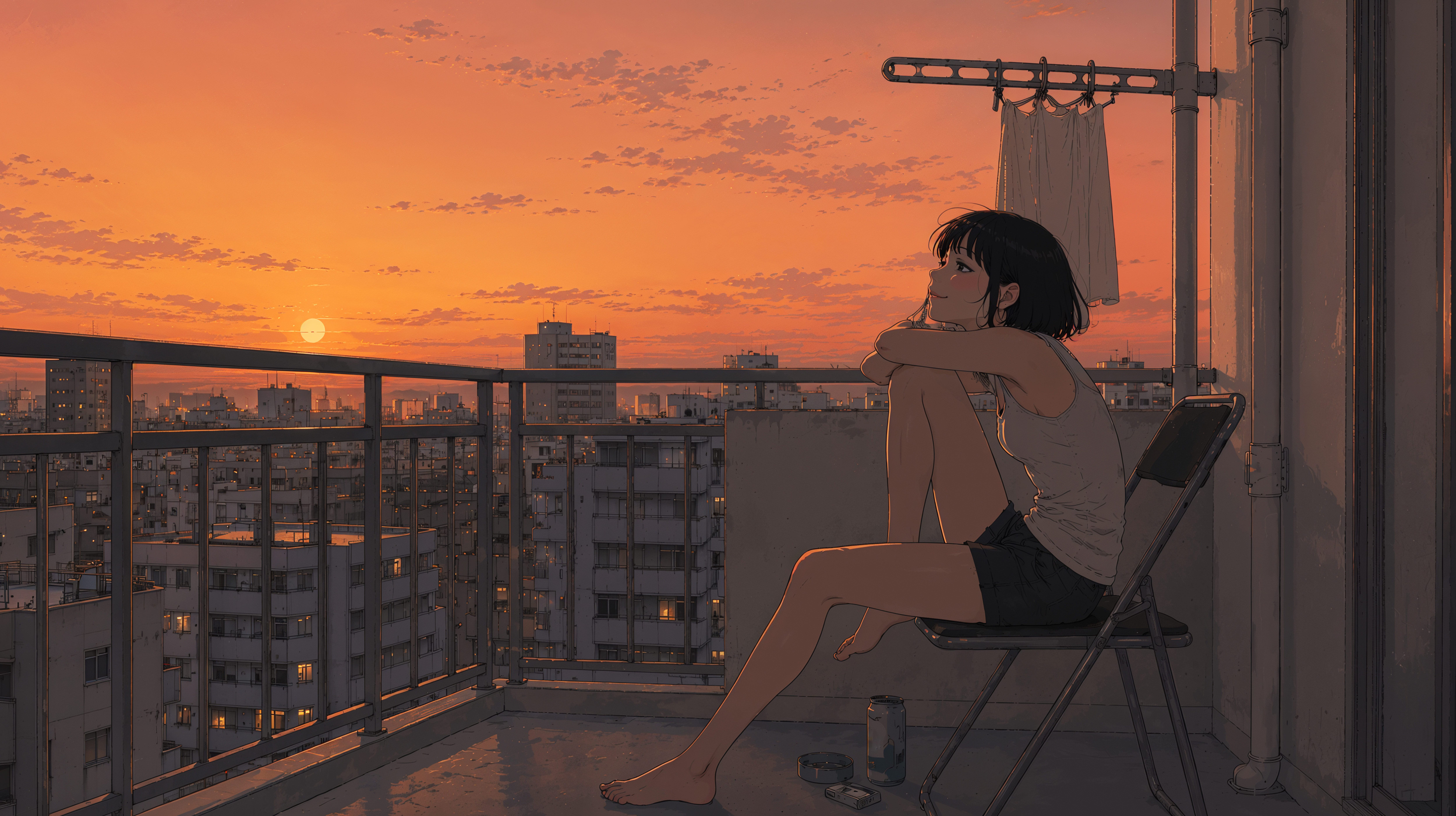 ベランダから都会を眺め夕焼けに包まれる女性のイラスト no.2