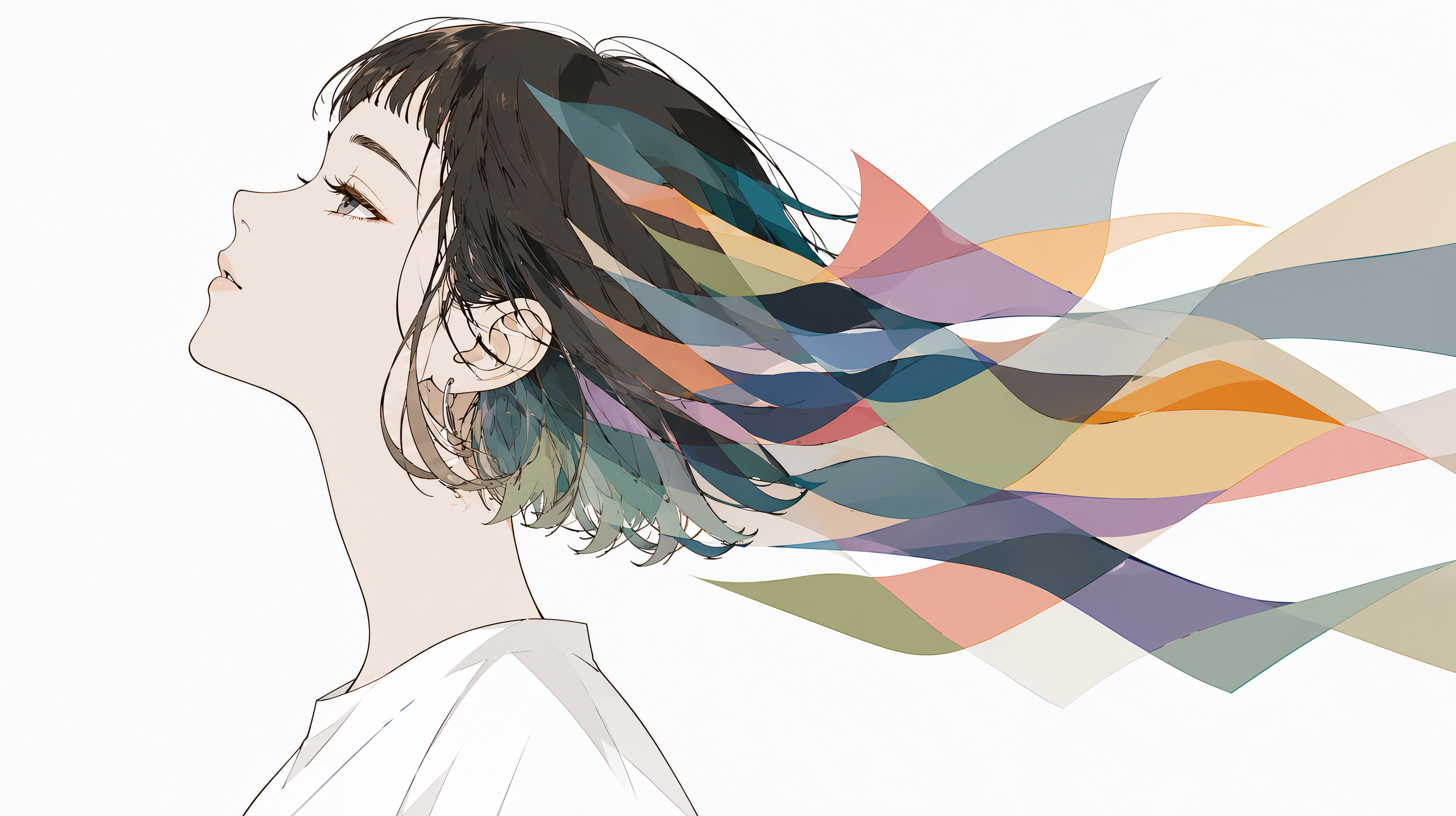 カラフルな色彩が流れる女性の横顔イラスト　no.2