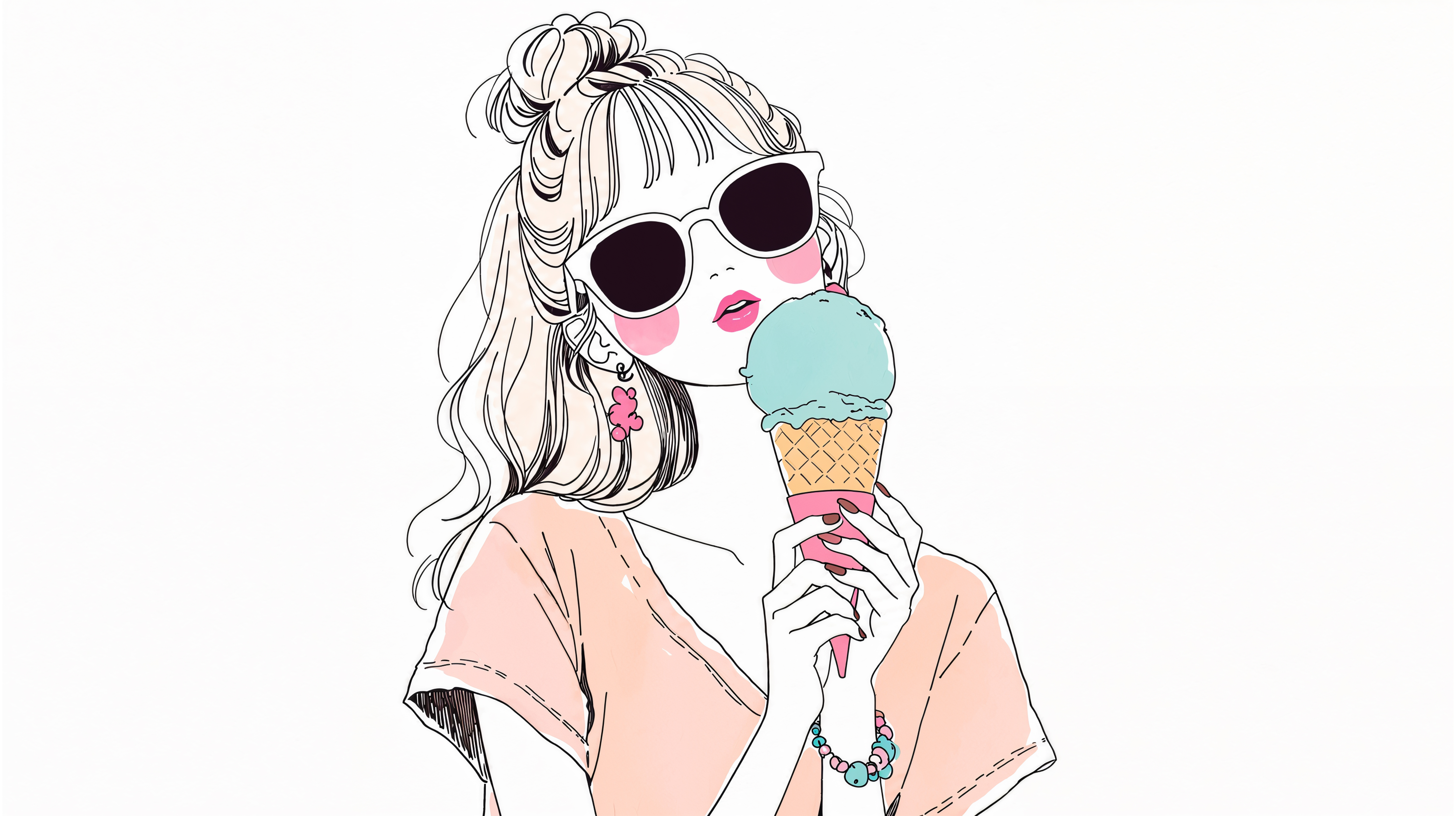 アイスを持つサングラスをした女性のキュートなイラスト no.3