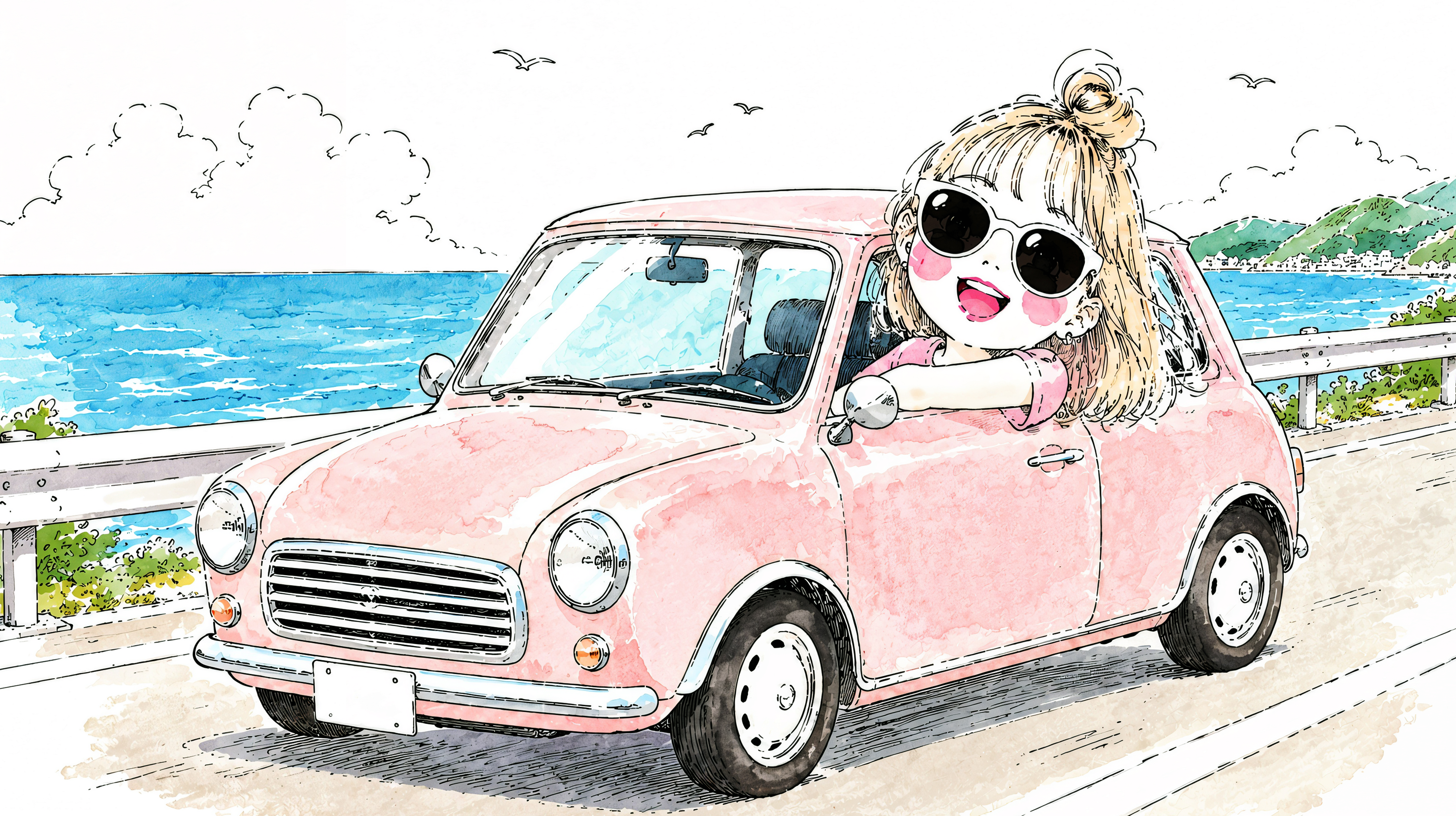 海沿いの道をドライブする楽しそうな女性のかわいいイラスト no.3