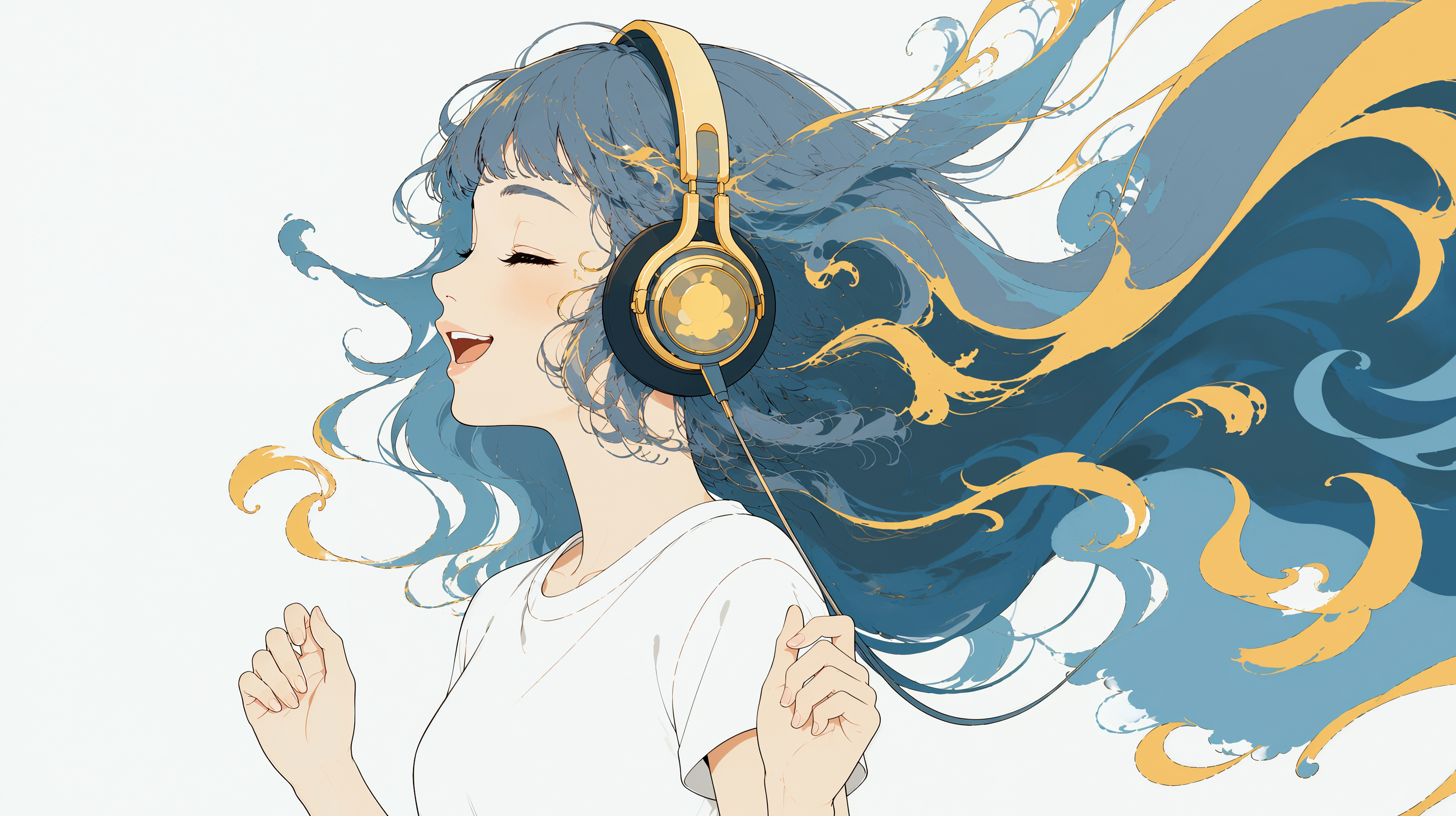 ヘッドホンをした青いロングヘアの若い女性　no.1