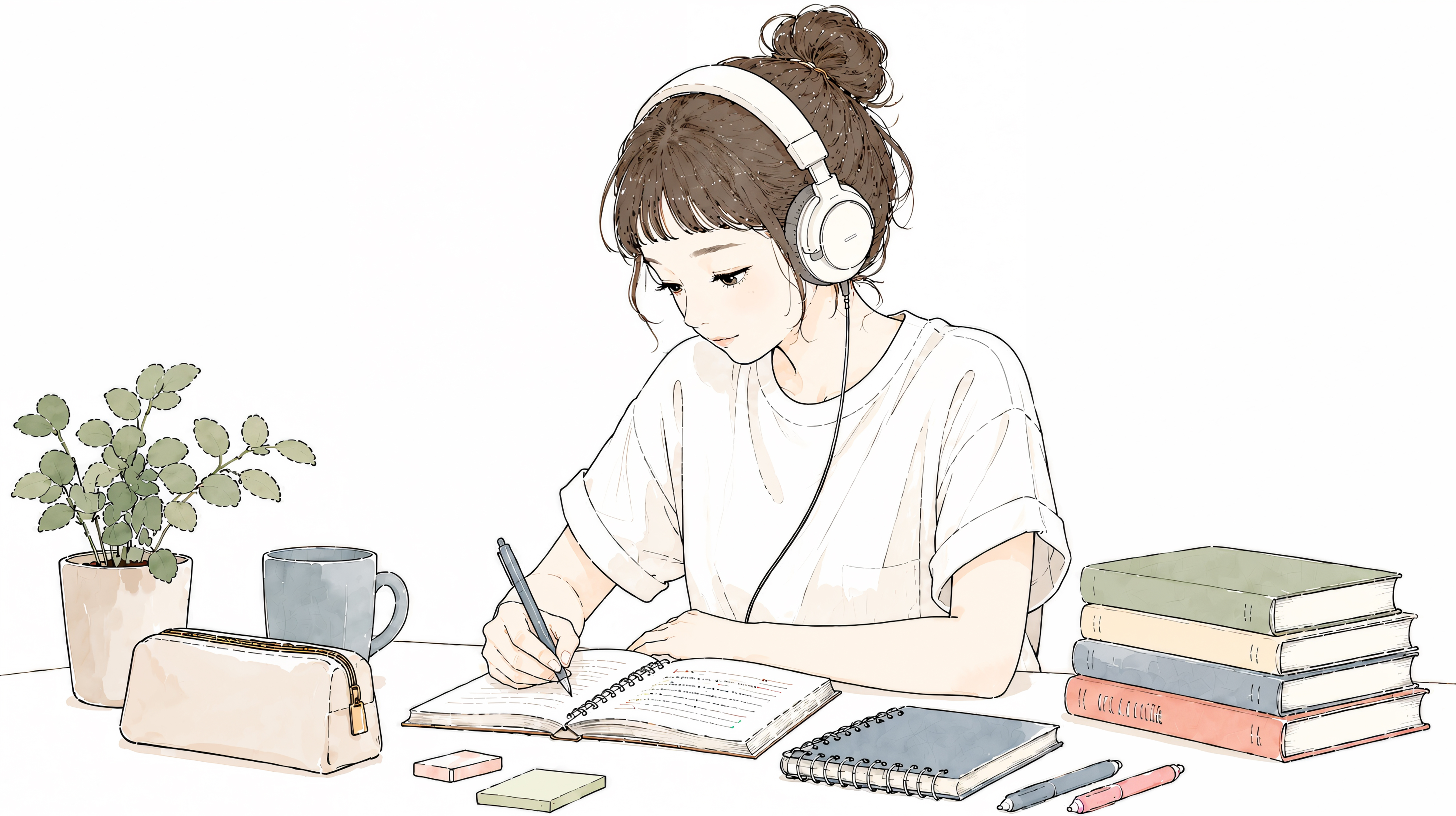 机に向かって書き物をするヘッドホンの女性 no.1