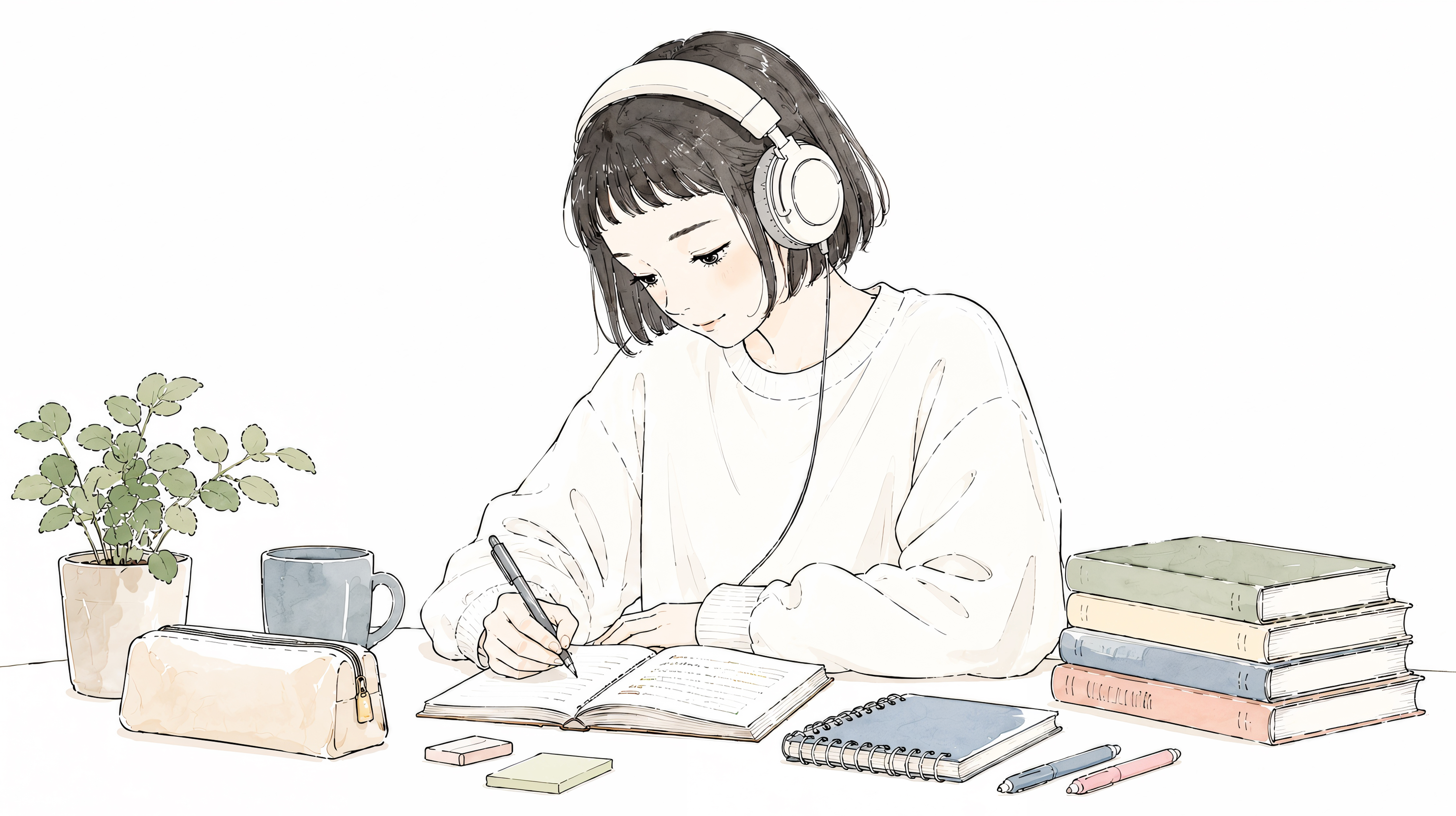 机に向かって書き物をするヘッドホンの女性 no.2