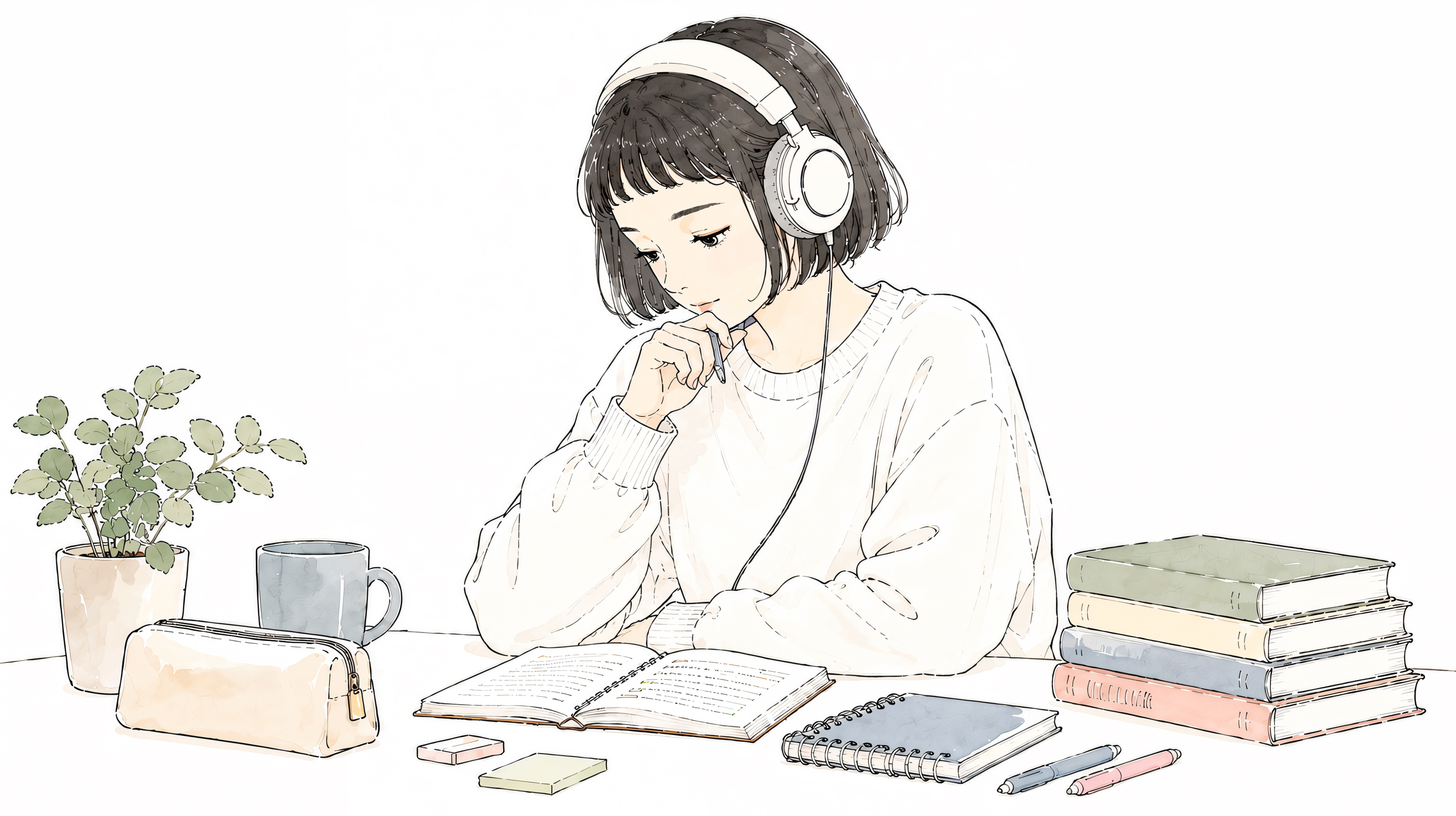 机に向かって書き物をするヘッドホンの女性 no.4