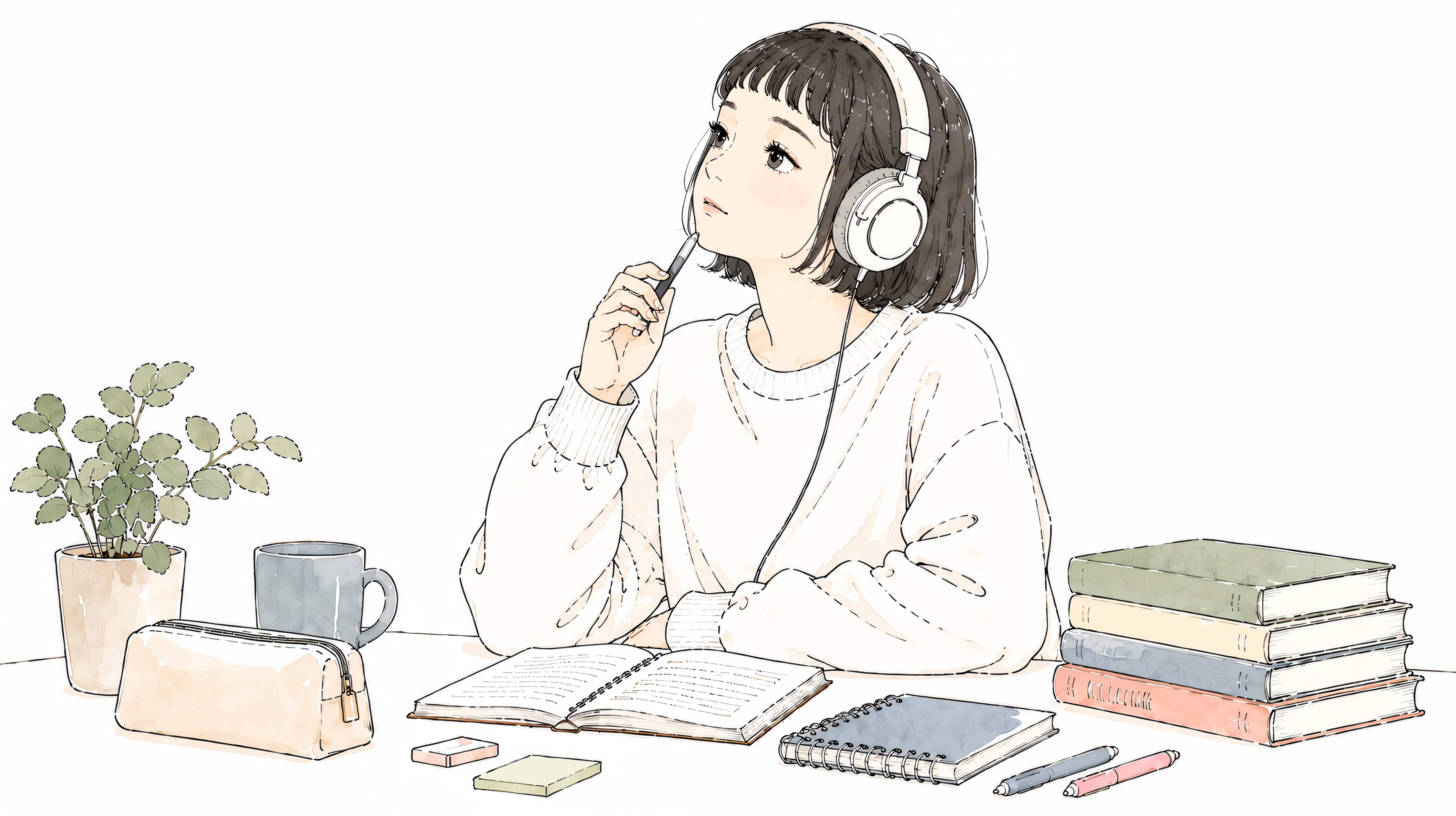 机に向かって書き物をするヘッドホンの女性 no.5