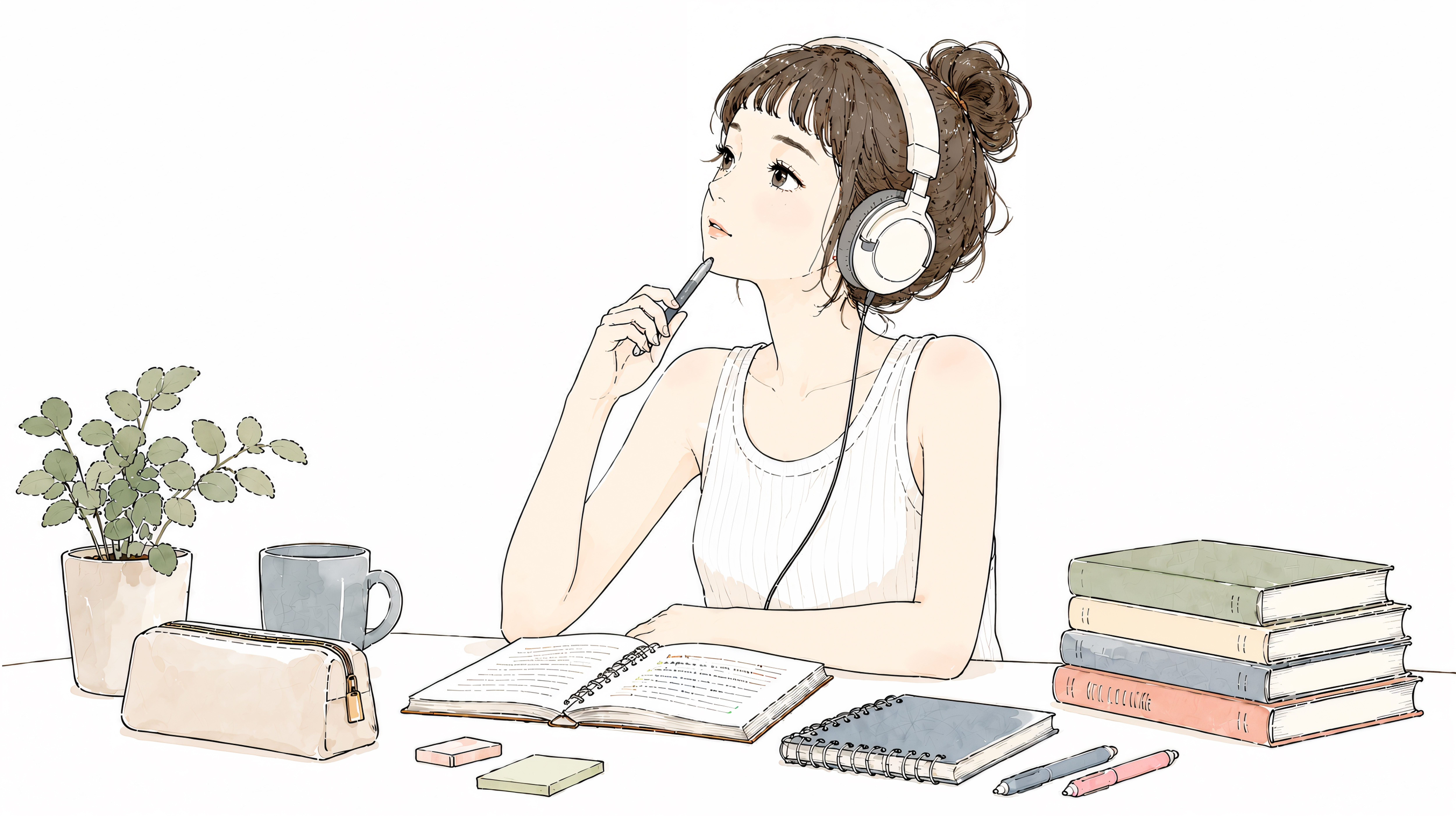 机に向かって書き物をするヘッドホンの女性 no.6