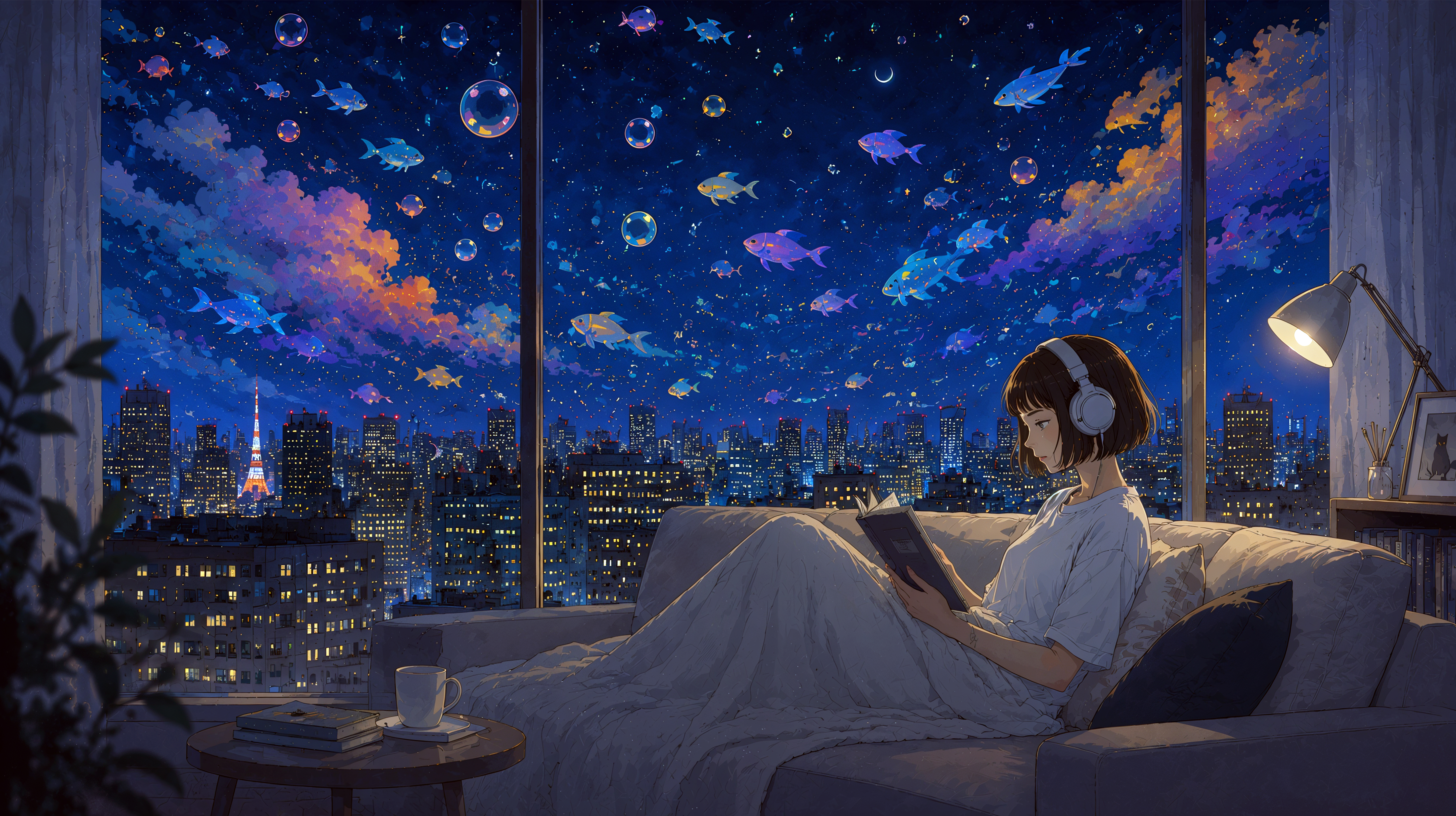 ソファーで本を読む女性と、幻想的な都会の夜景 no.1