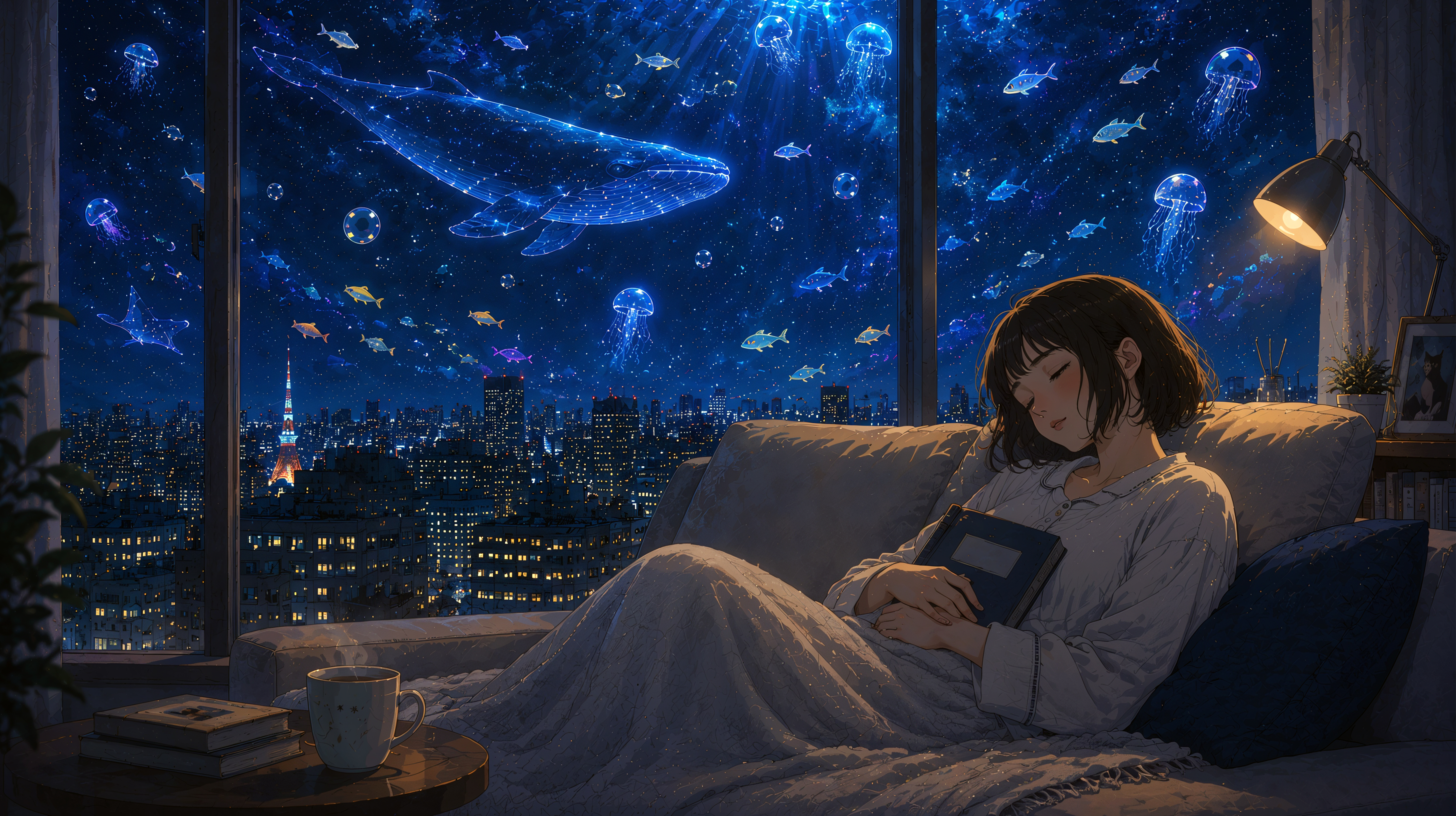 ソファーで眠る女性と幻想的な夜の空の水族館 no.1