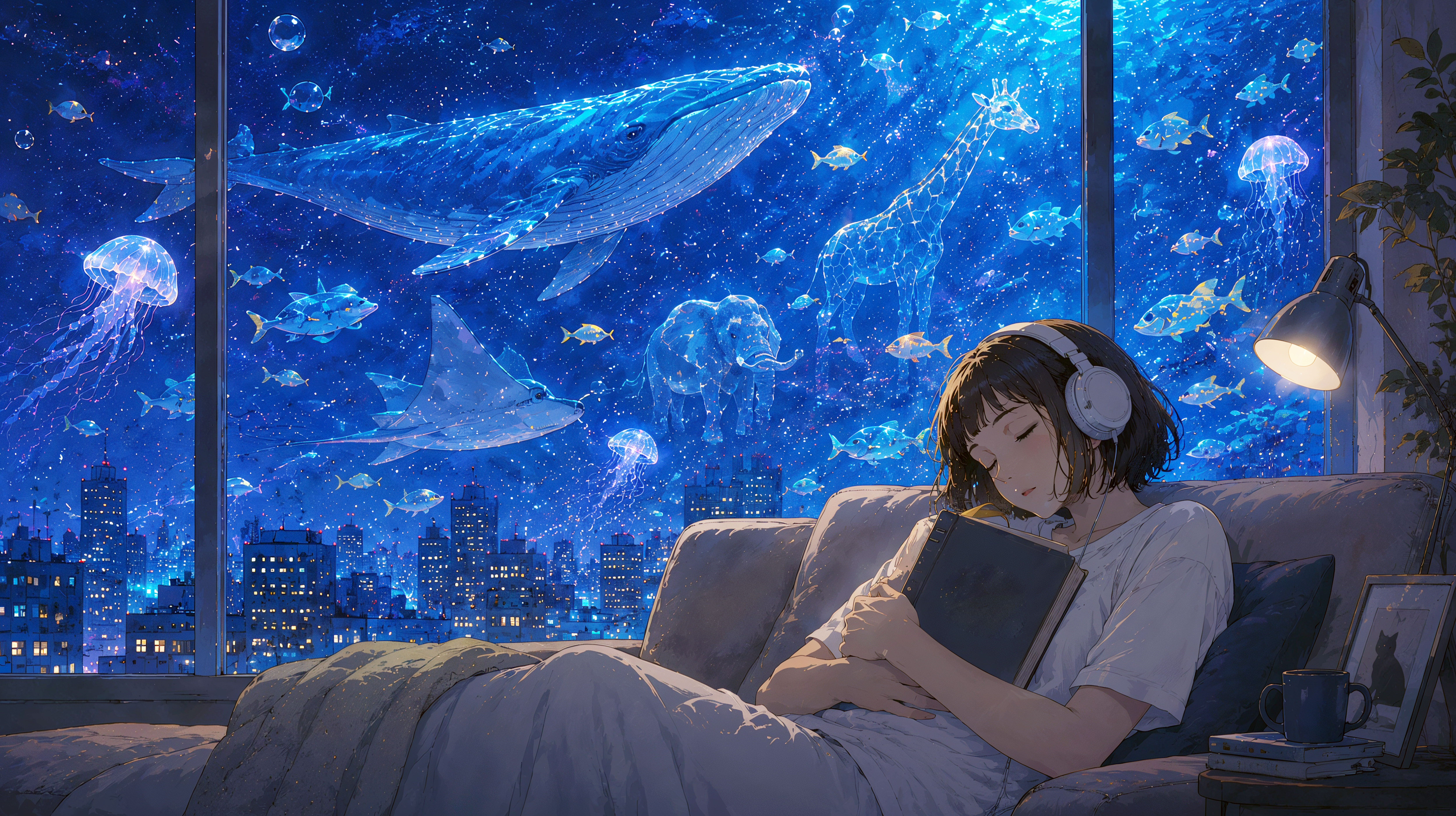 ソファーで眠る女性と幻想的な夜の空の水族館 no.2