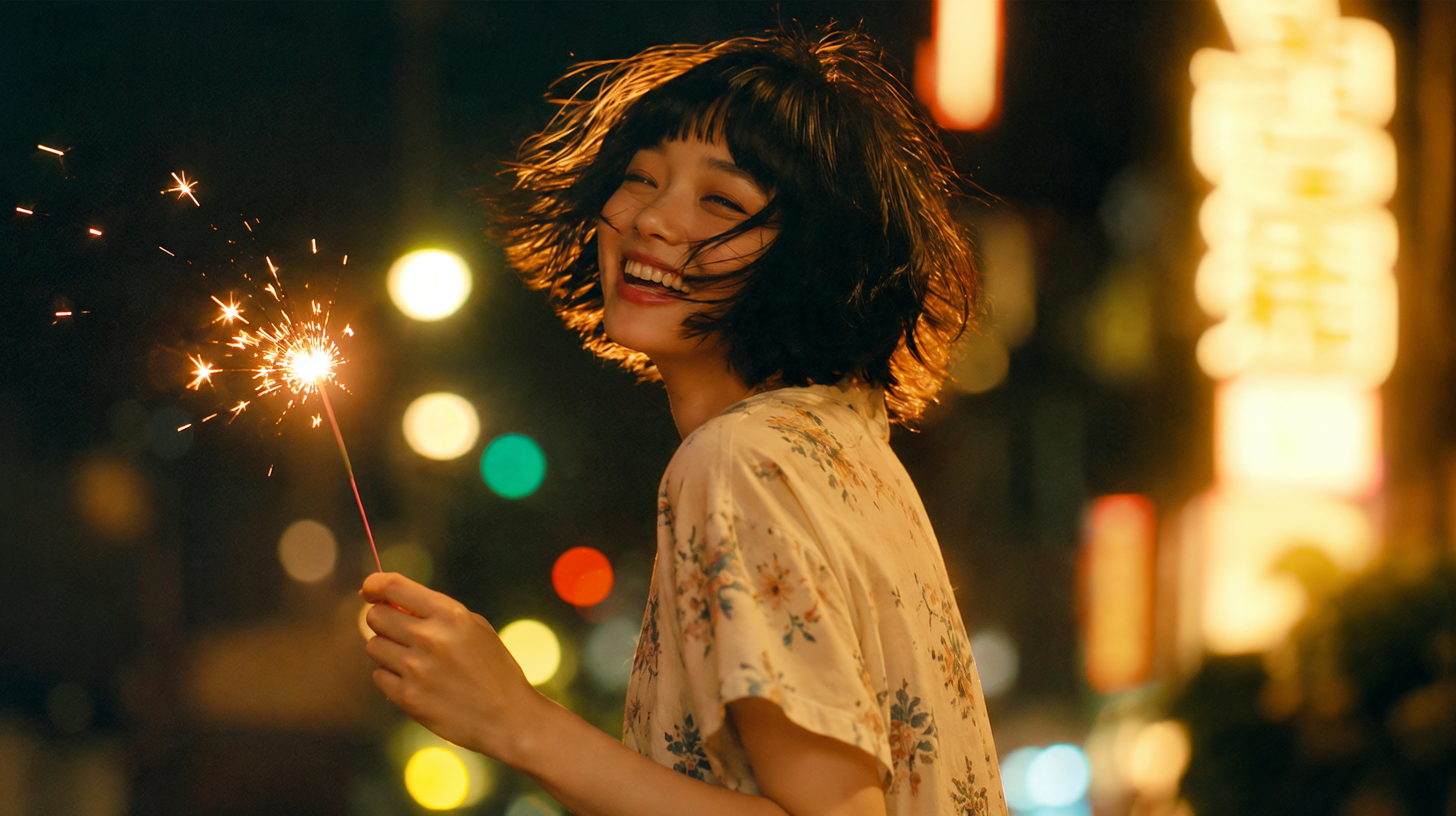 手持ち花火を持ってカメラ目線で笑う若い女性の写真 no.2