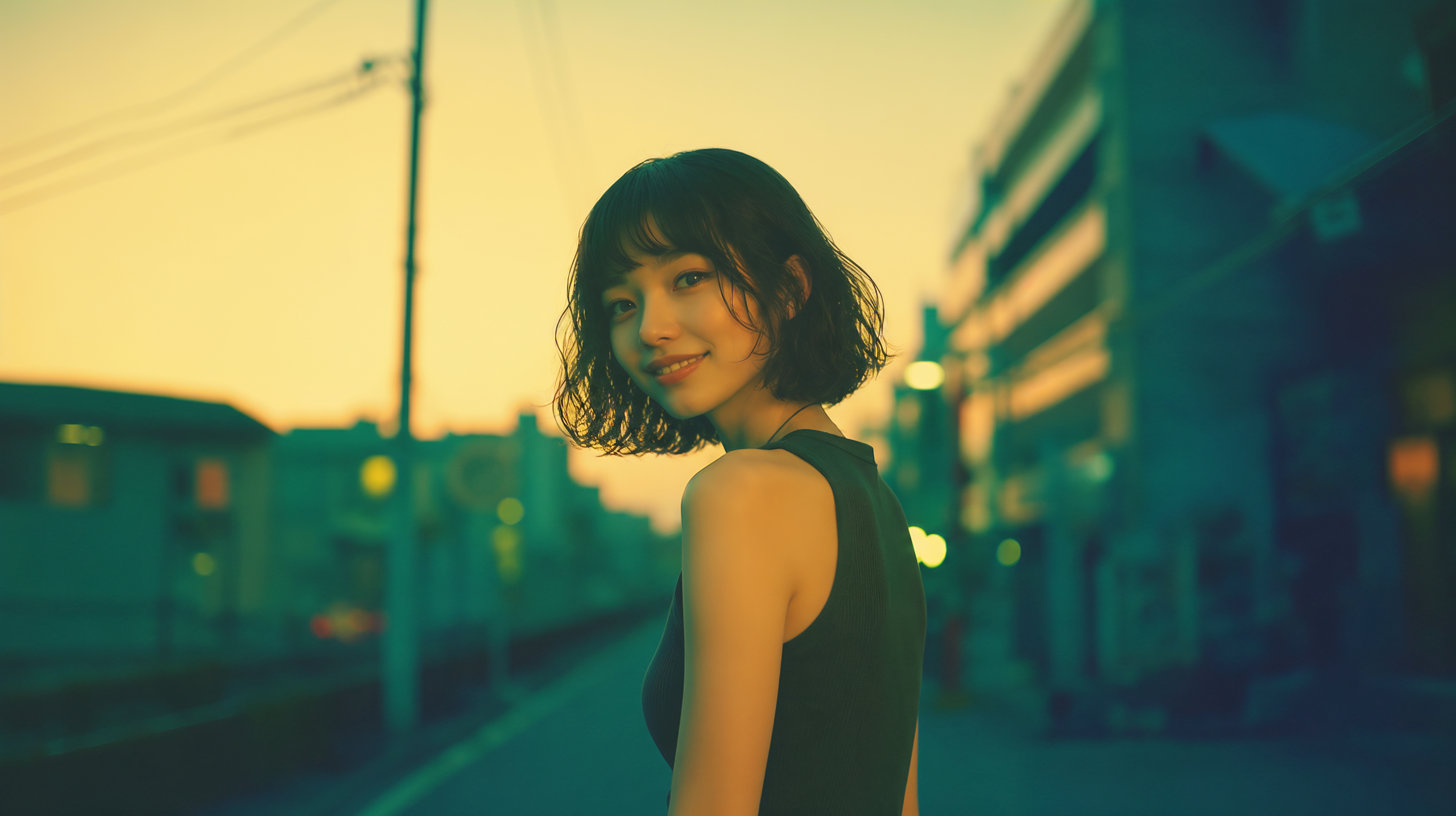街中で振り返る若い女性のポートレート no.5