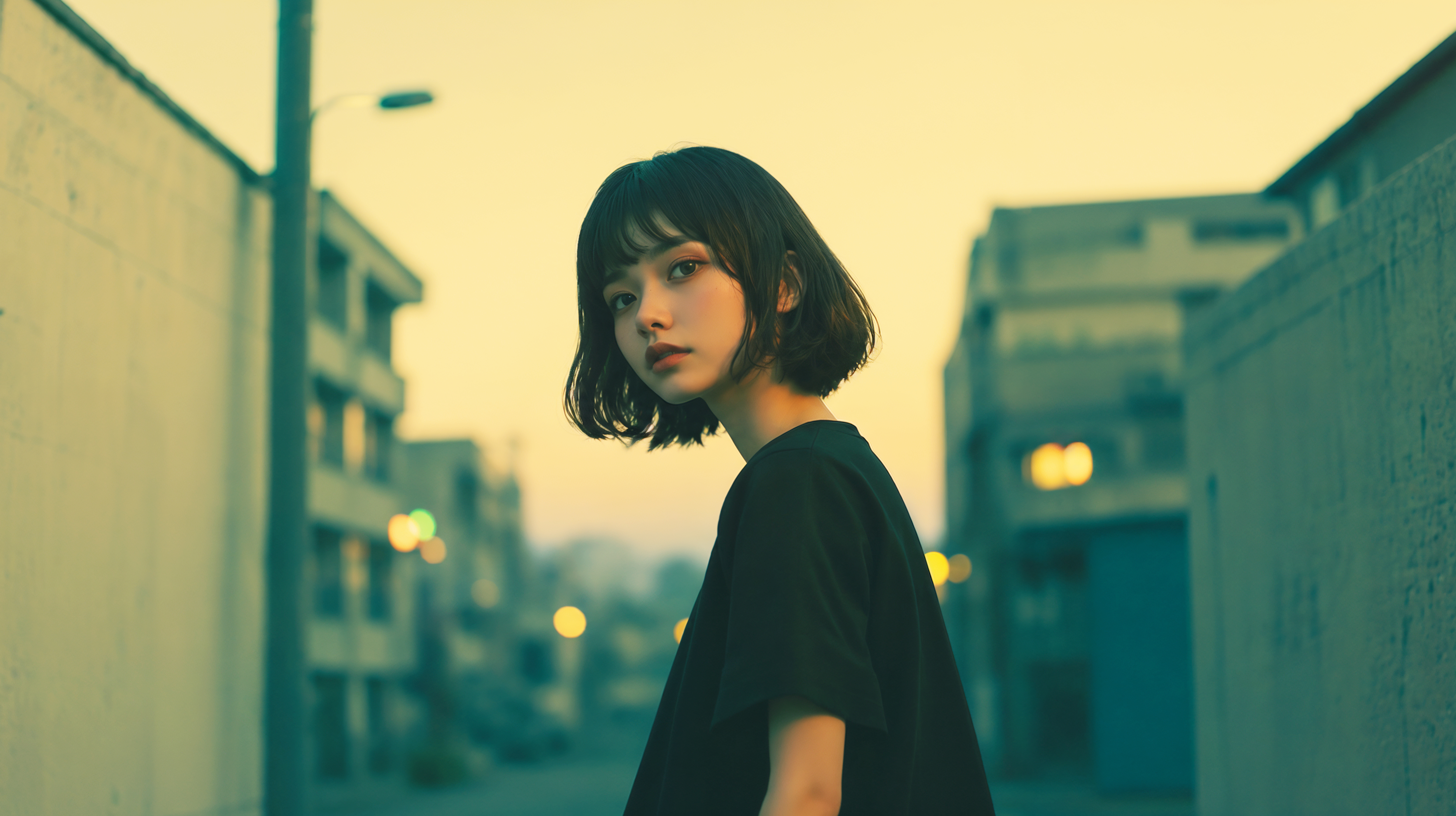 街中で振り返る若い女性のポートレート no.9