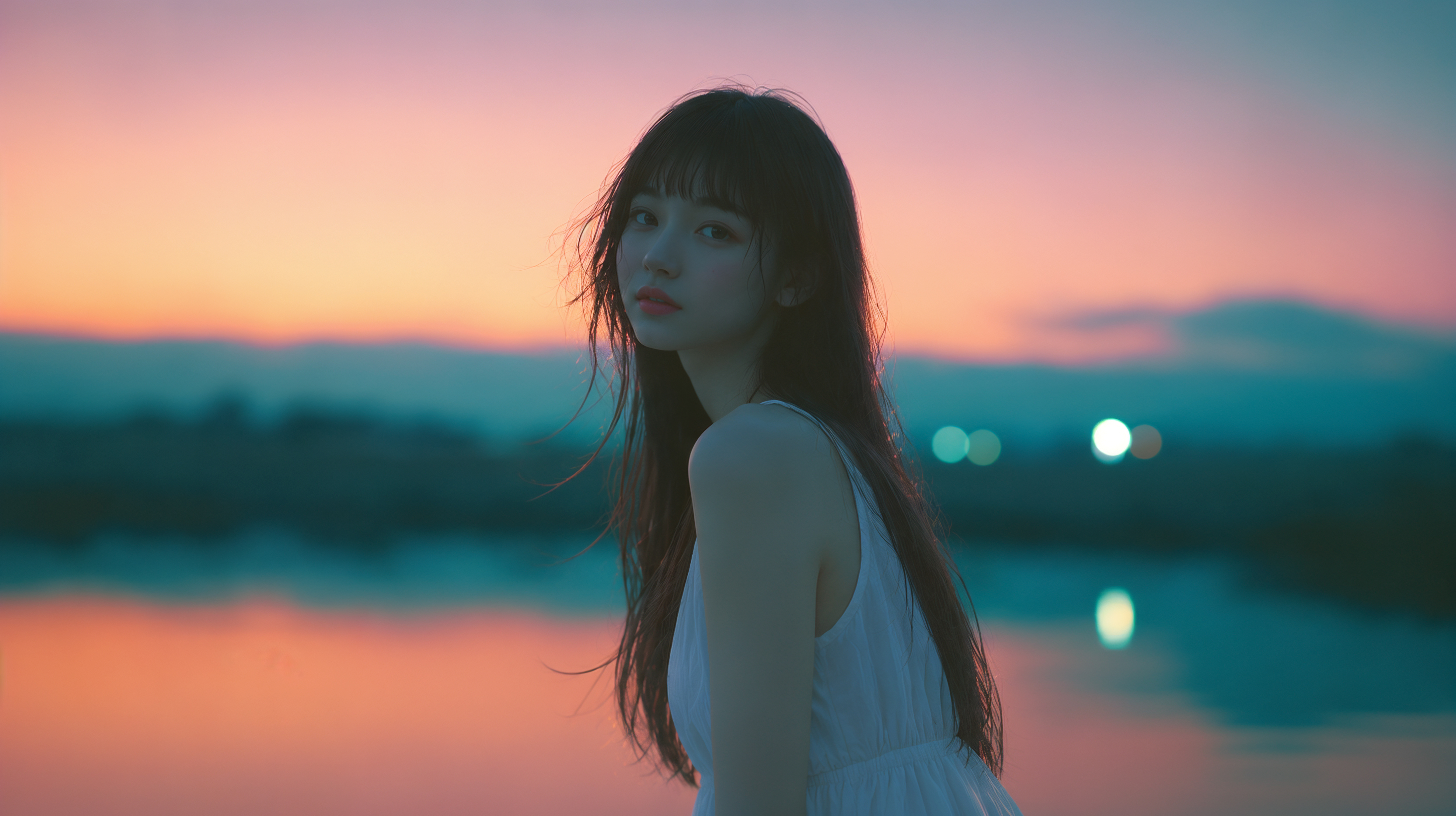 夕暮れの湖の辺りに立つ若い女性のポートレート写真風 no.3