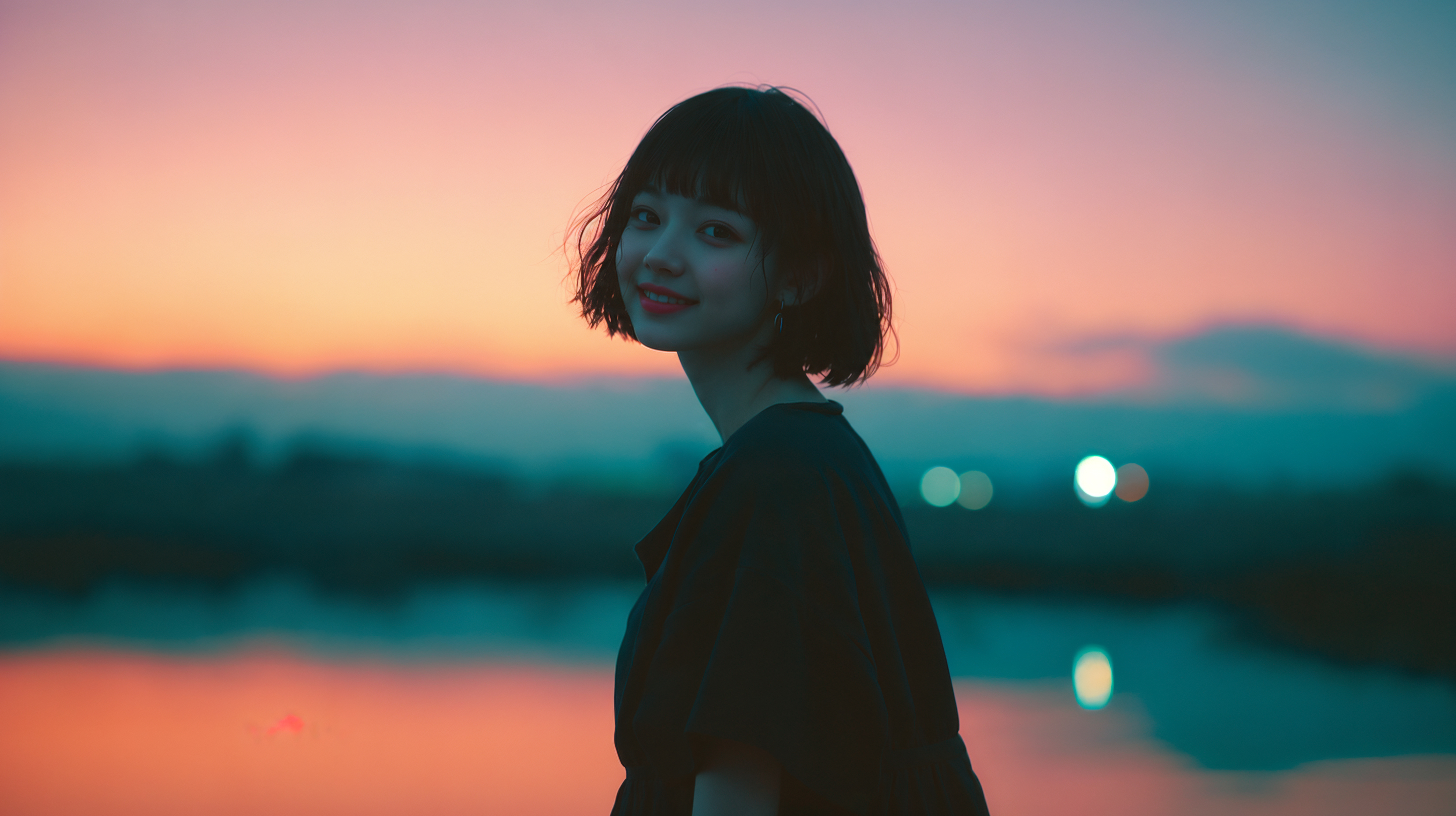 夕暮れの湖の辺りに立つ若い女性のポートレート写真風 no.4