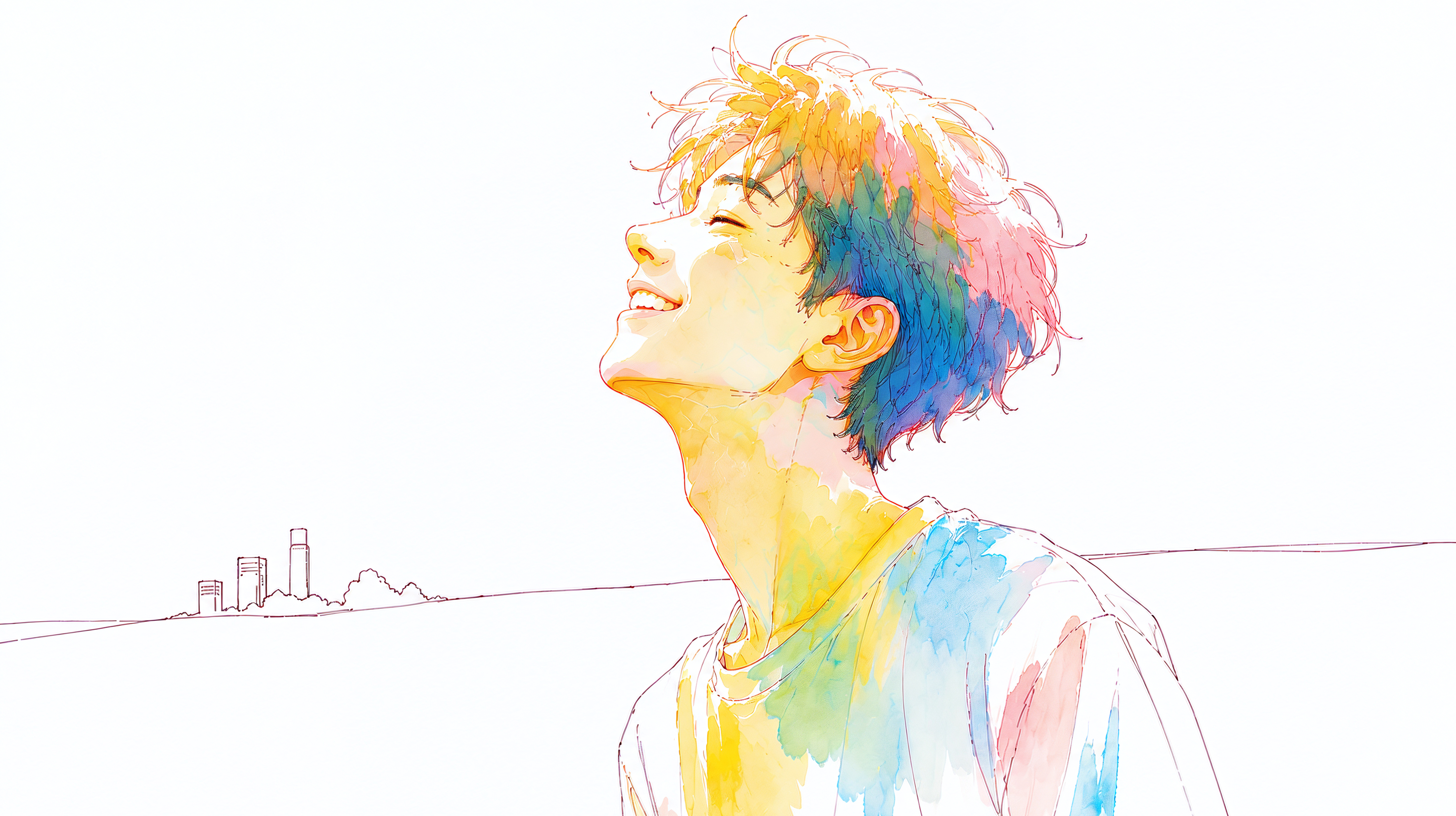 幸せそうに空を見上げる男性のシンプルな水彩イラスト no.2