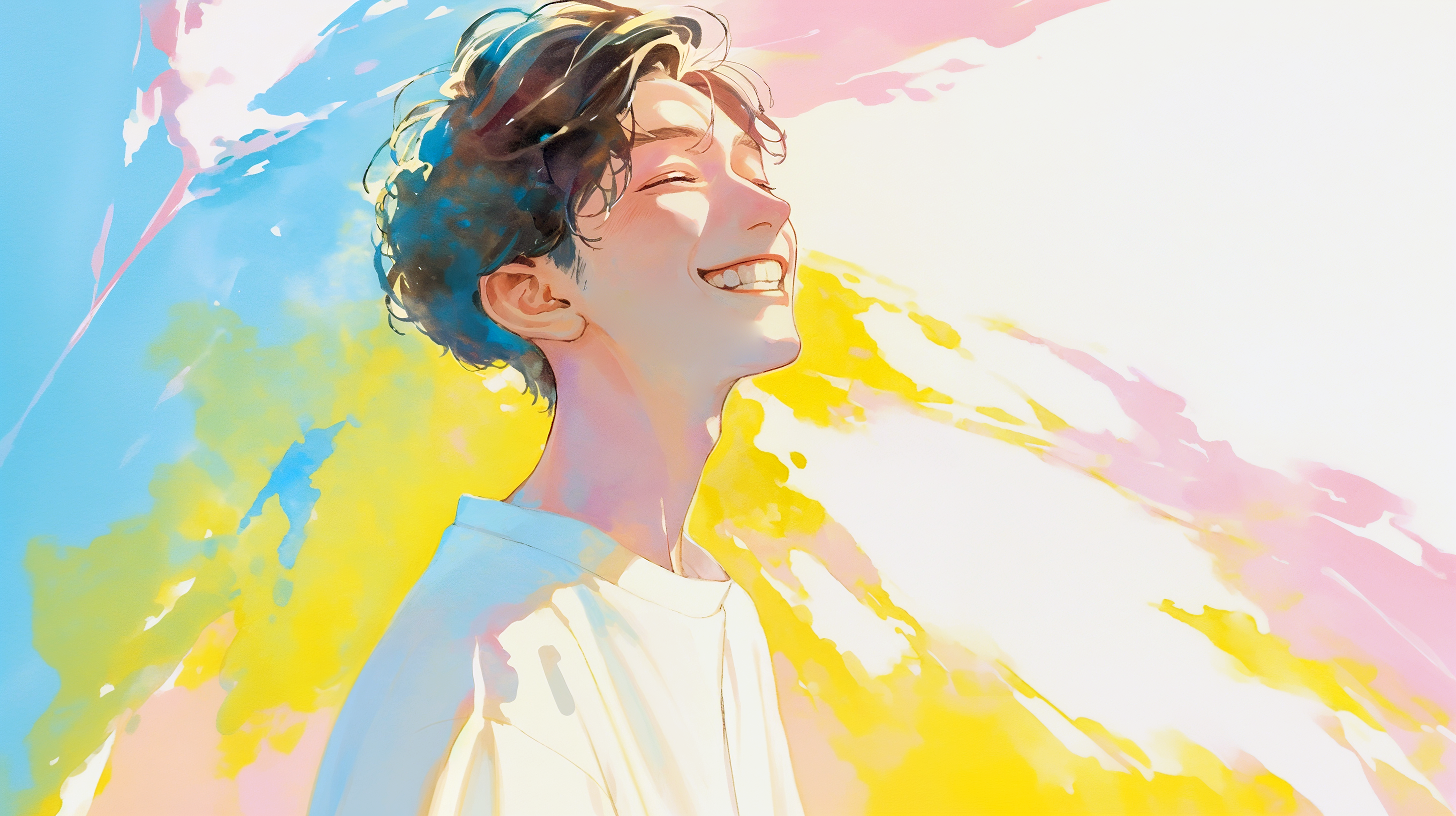 空を見上げて笑う若い男性の淡い水彩イラスト no.3