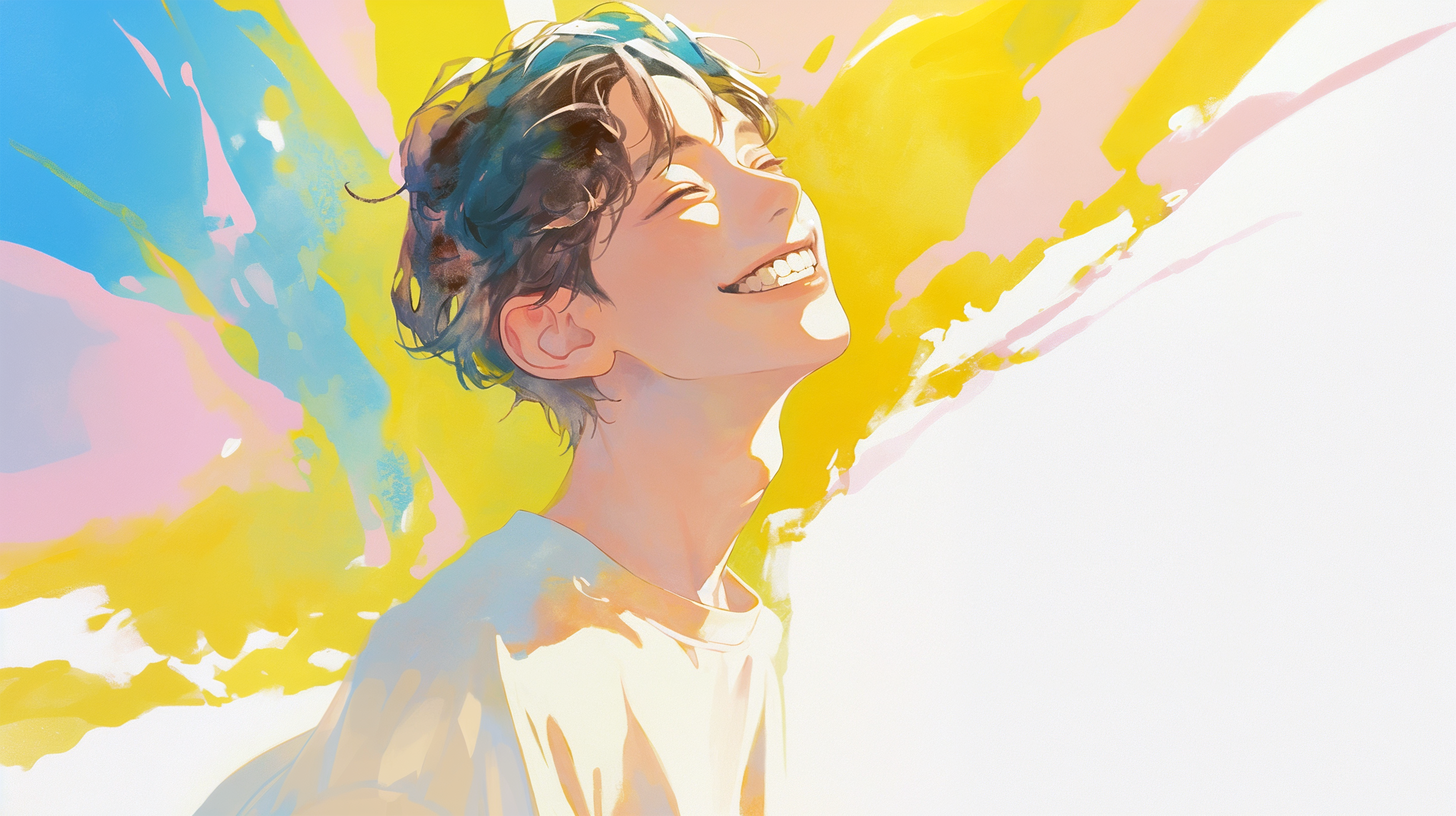 空を見上げて笑う若い男性の淡い水彩イラスト no.4