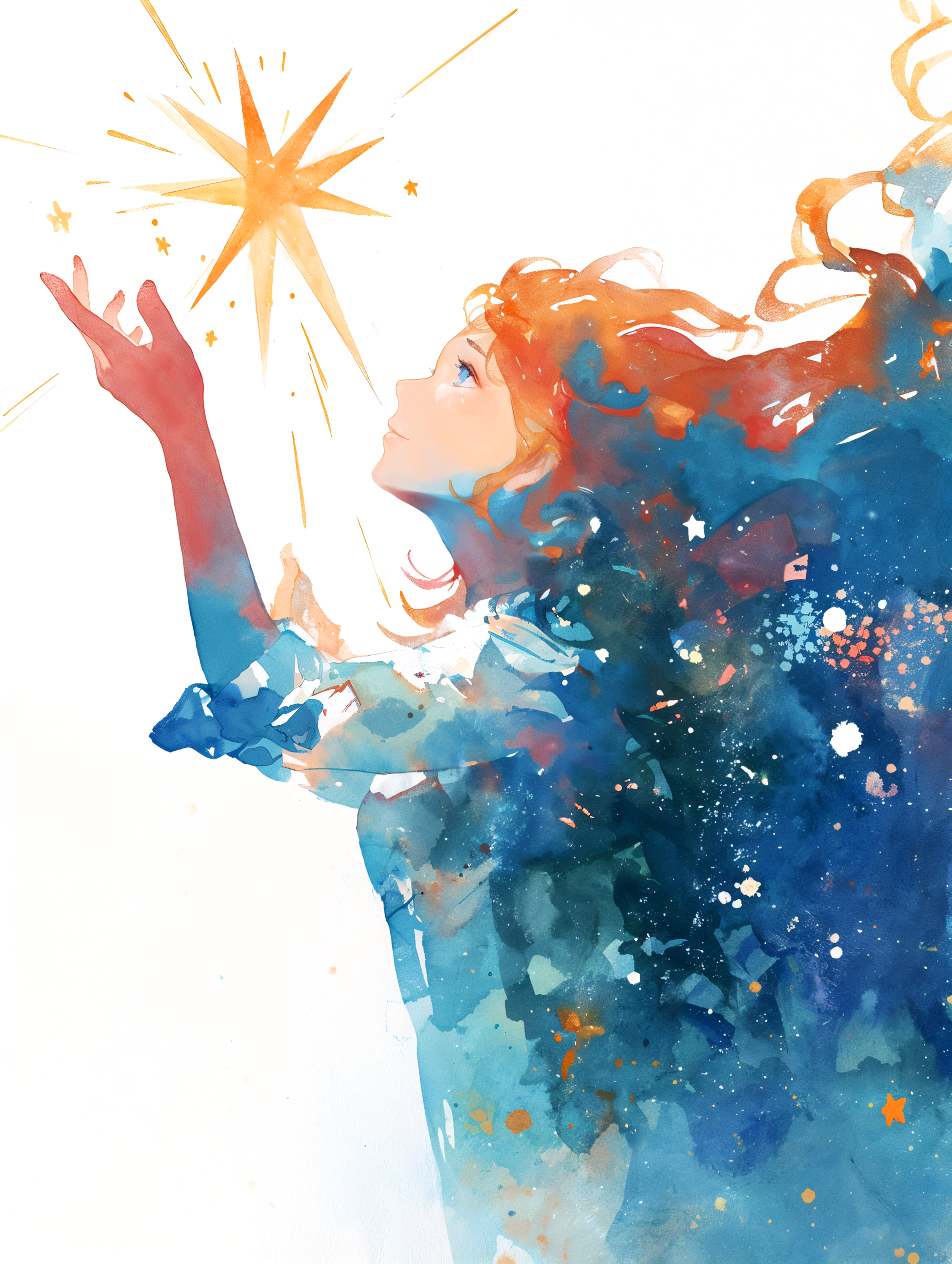 星に手を伸ばす女性の幻想的な水彩イラスト no.1