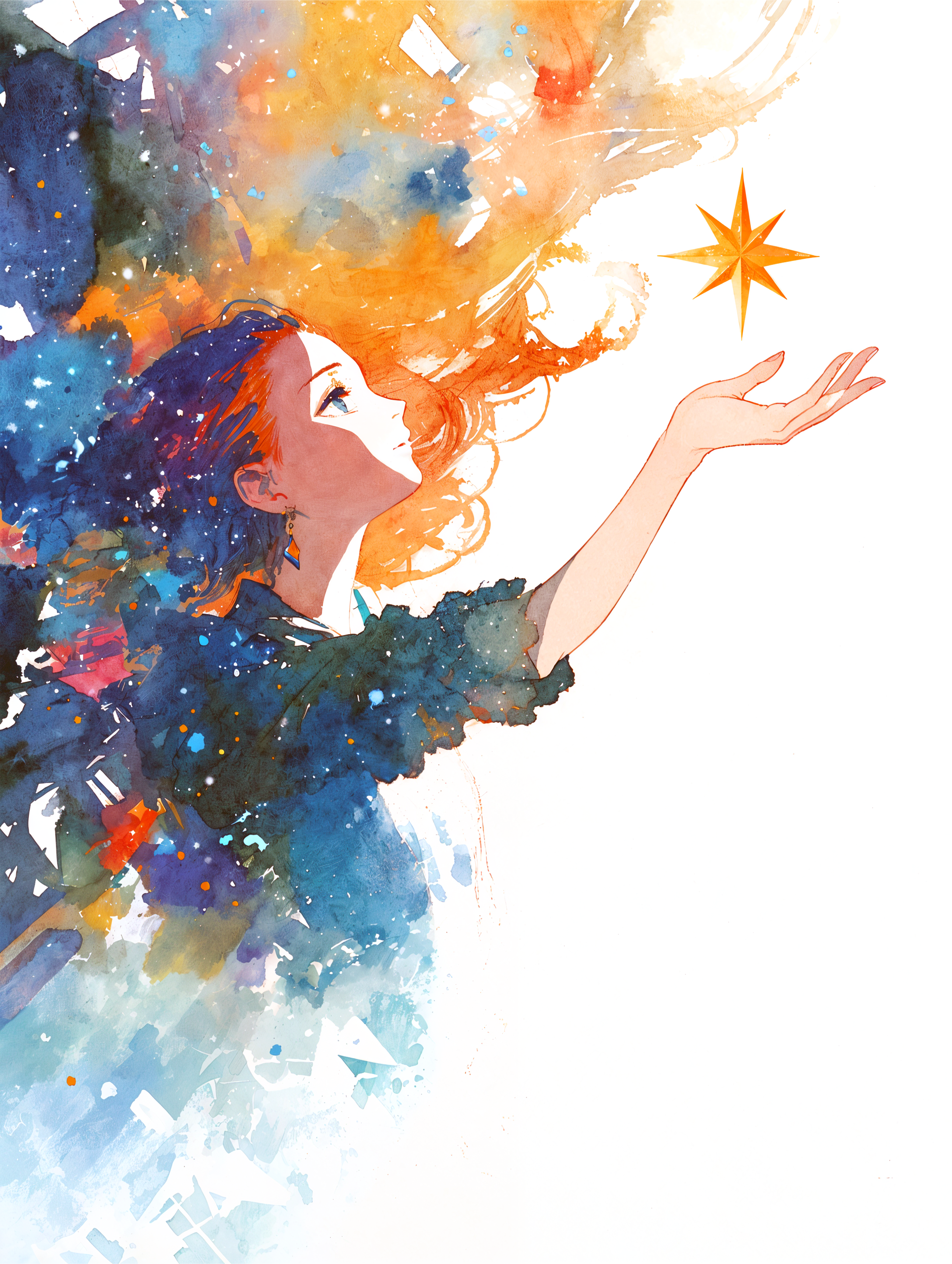 星に手を伸ばす女性の幻想的な水彩イラスト no.2