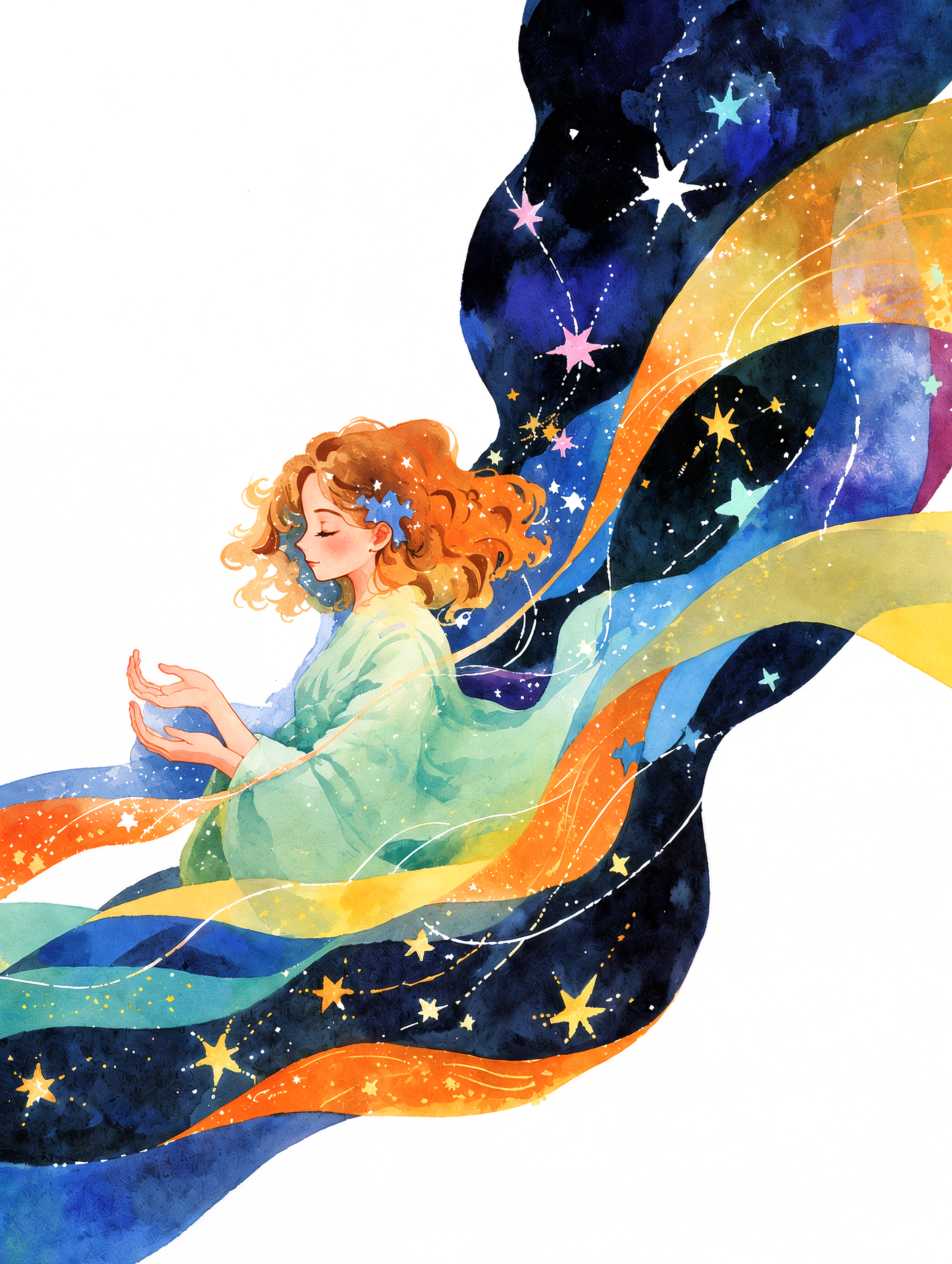 幻想的な星空と虹に包まれる女性の水彩イラスト no.2